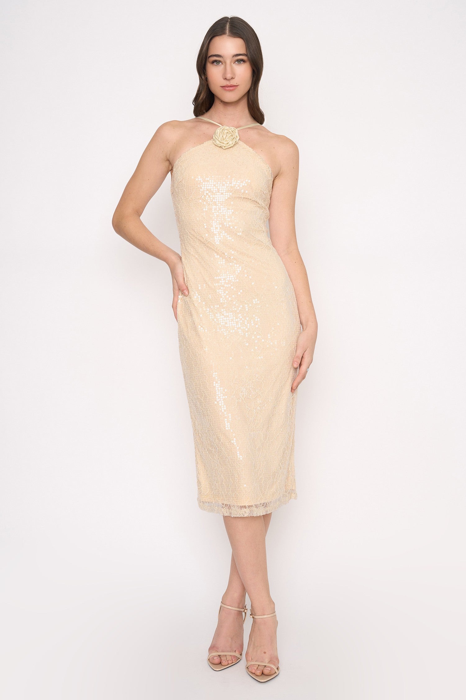 Cream Sequin Dress with Floral Detail | Collective Request 