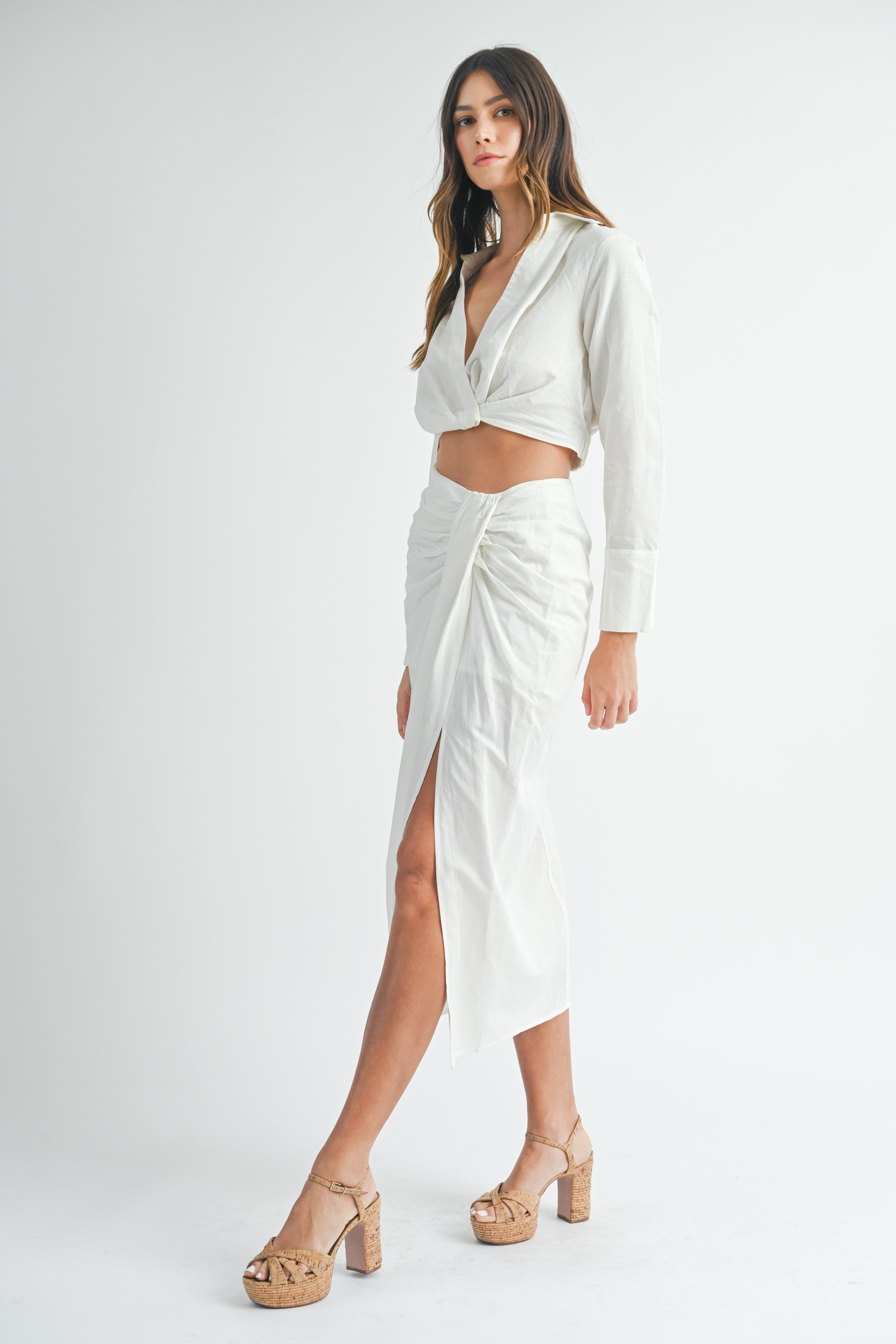 Linen Front Twist Crop Top & Slit Skirt Set  | Collective Request 