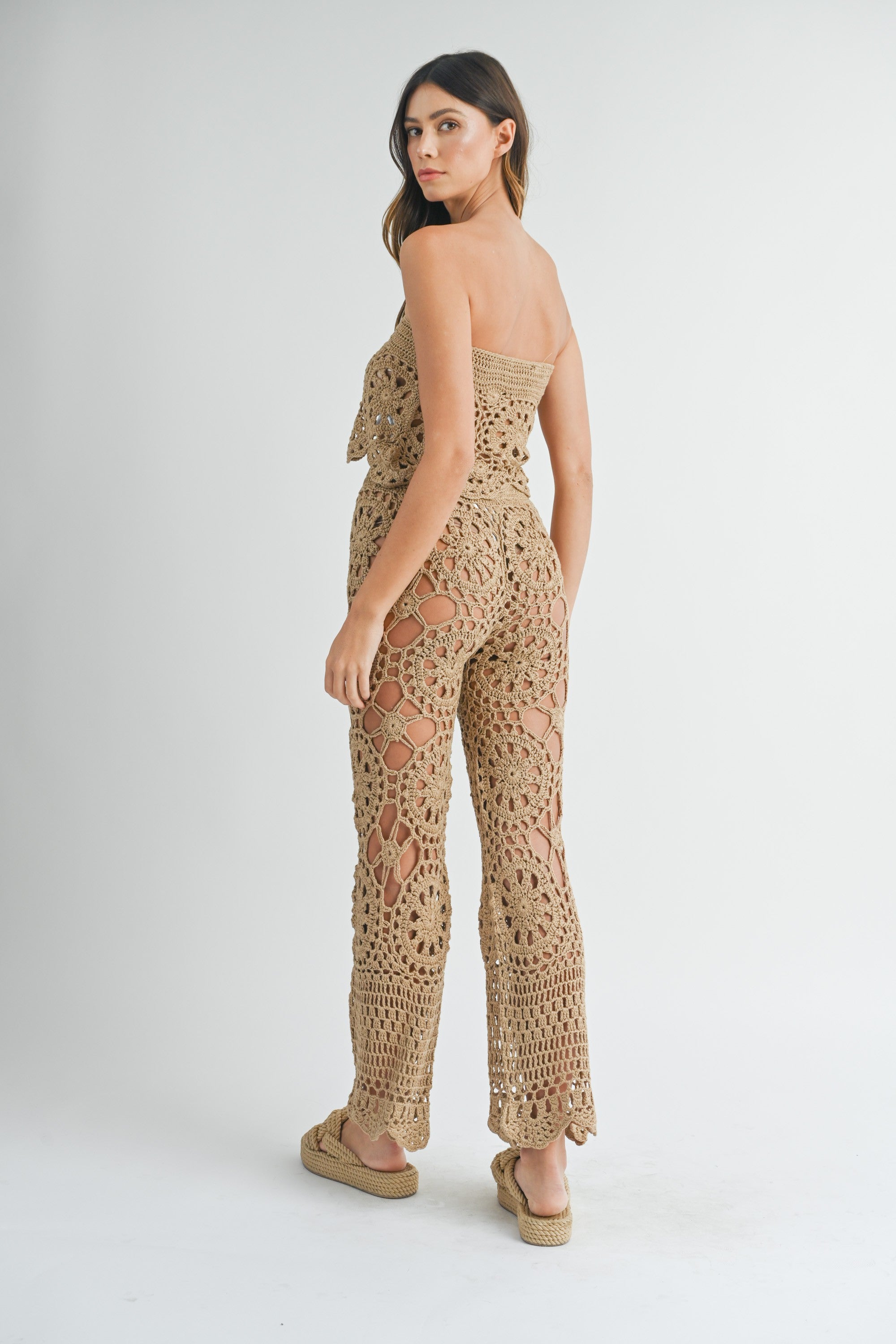 Mocha Crochet Knit Bandeau Top & Flare Pants Set