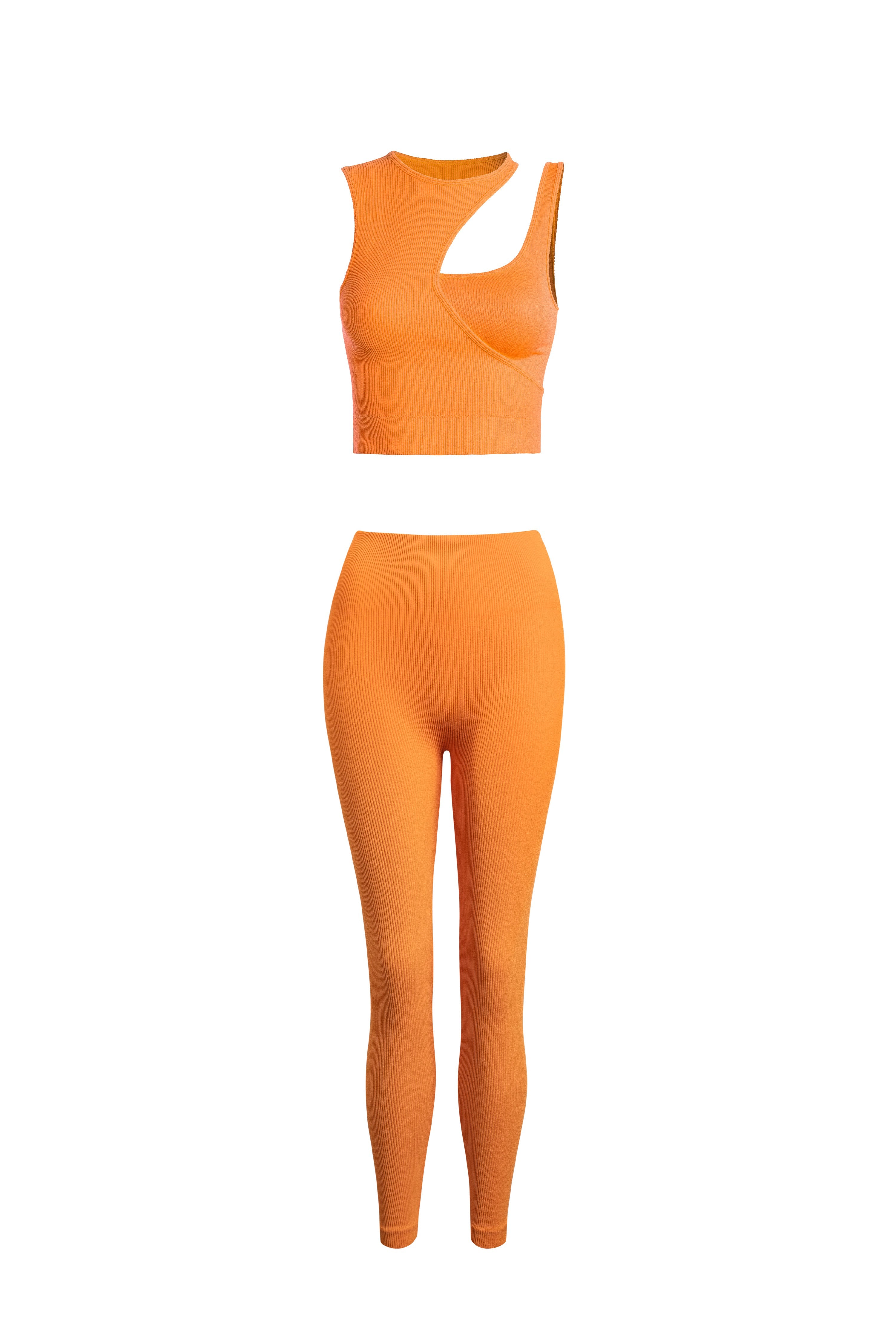 Orange Double layer asymmetric crop tank + Thick rib long leggings