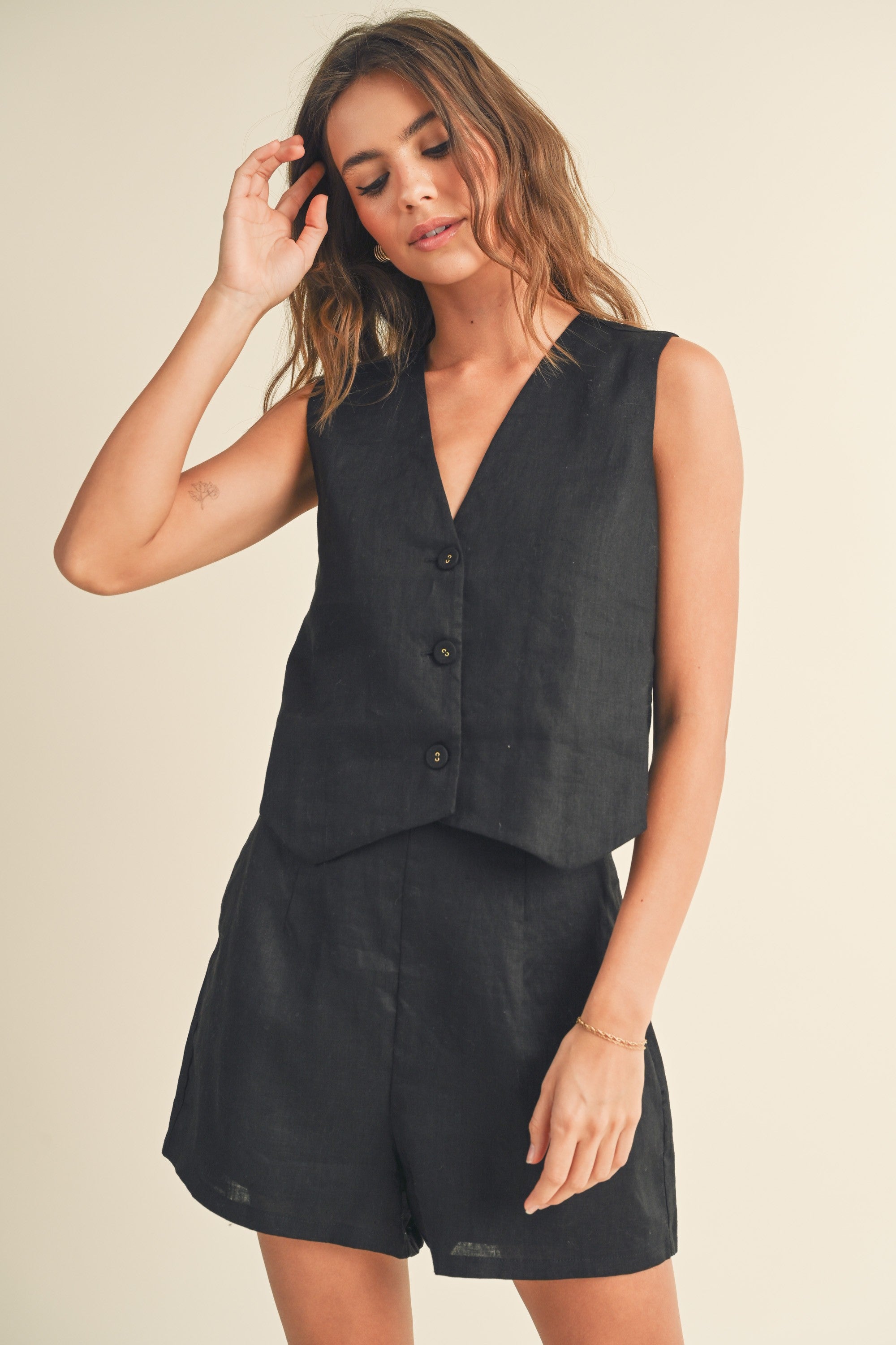 Black Linen Tuxedo Vest