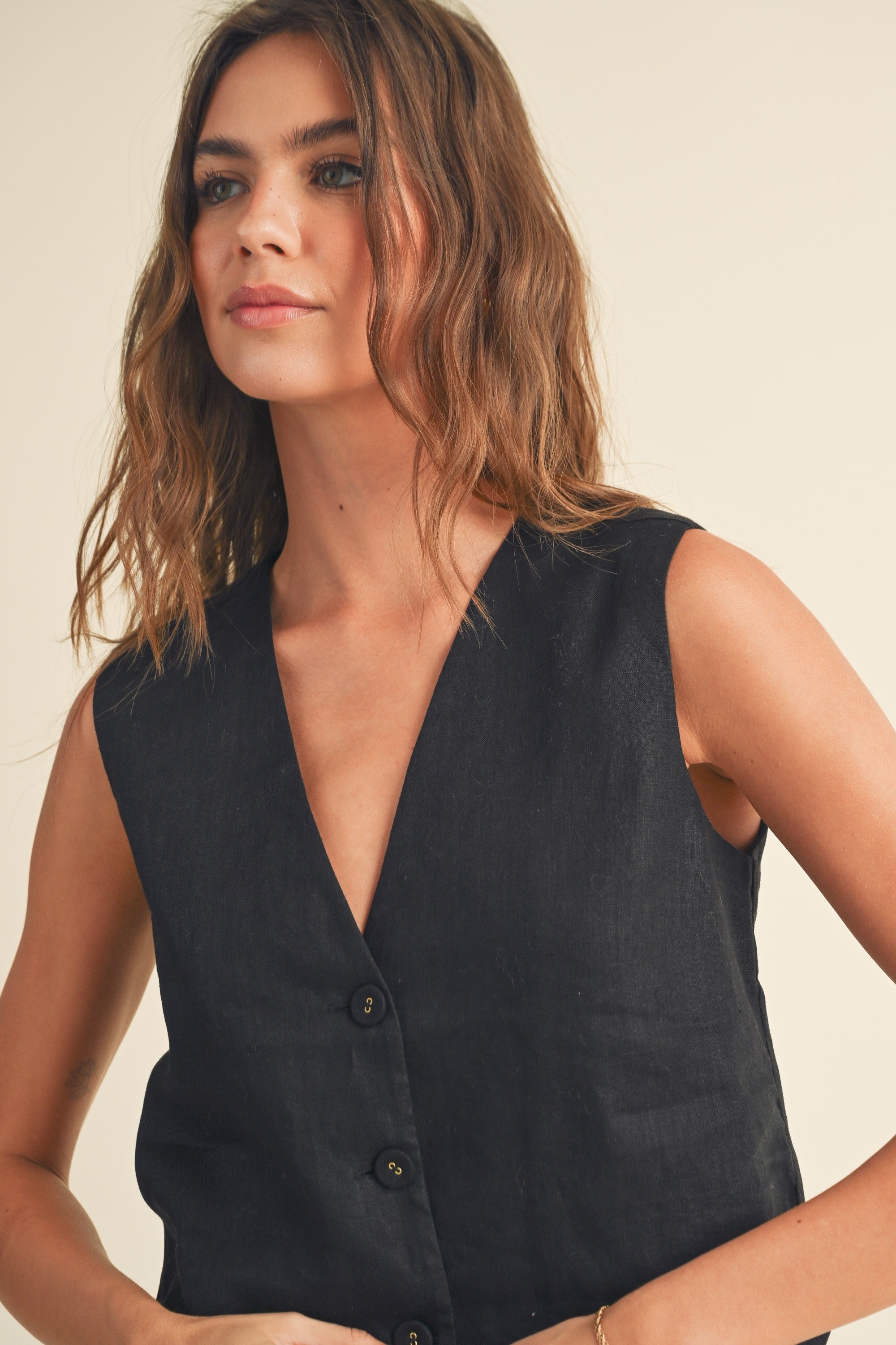 Black Linen Tuxedo Vest