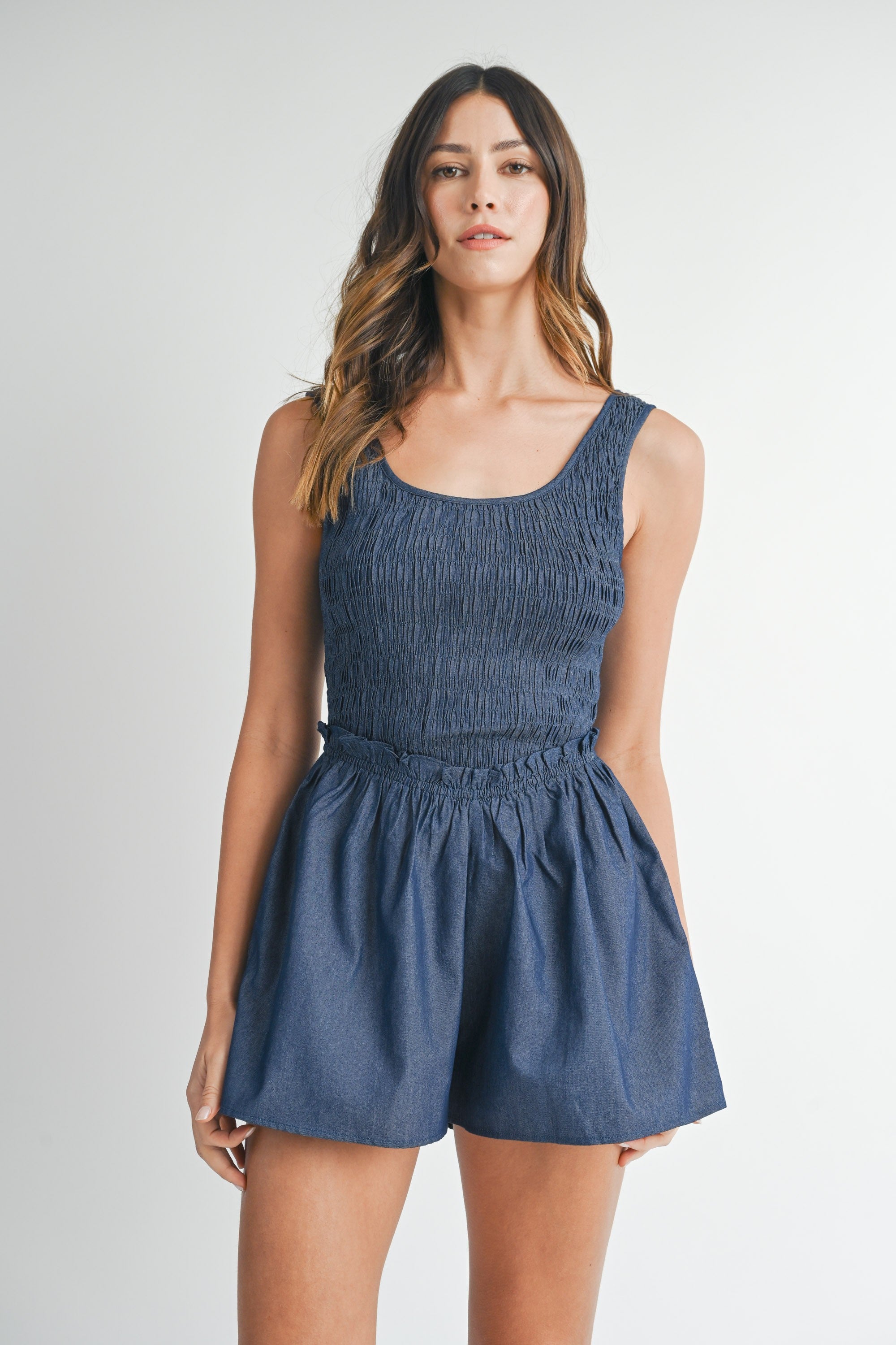 Denim Smocked Corset Romper | Collective Request 