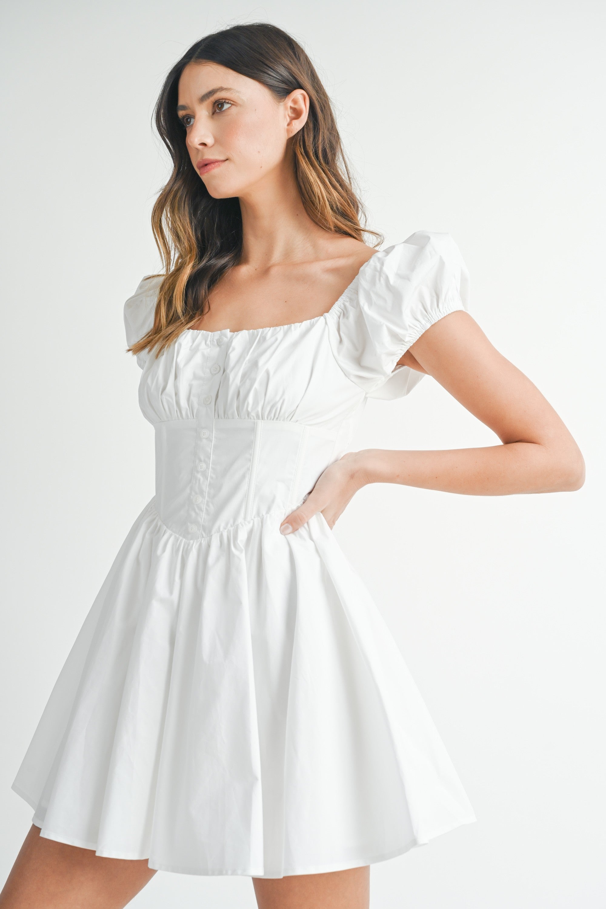 Off White Puff Sleeve Bustier Button Down Mini Dress | Collective Request 