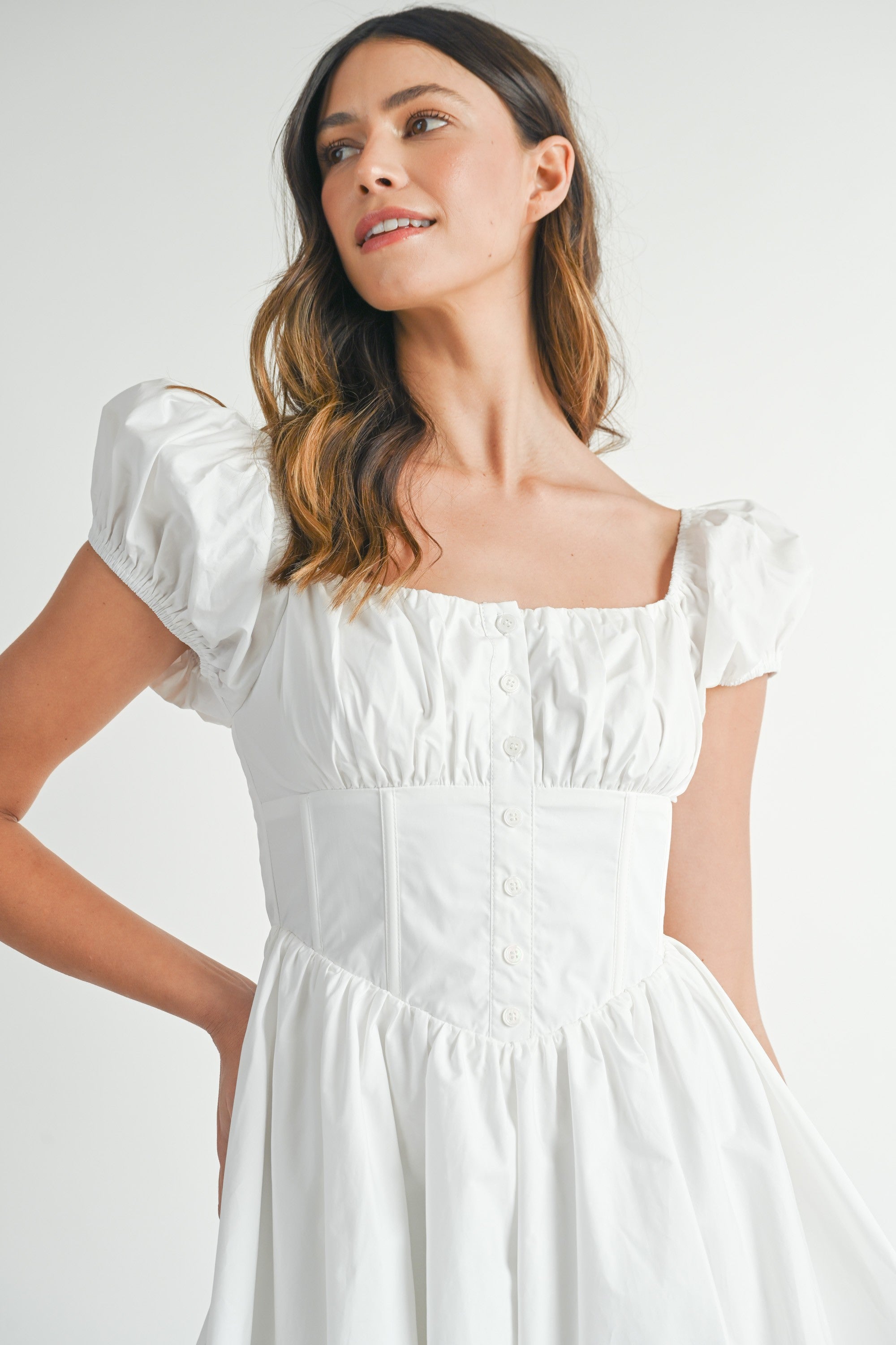 Off White Puff Sleeve Bustier Button Down Mini Dress | Collective Request 