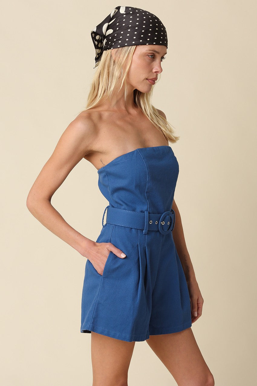 Blue Louise Strapless Belted Romper