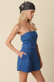Blue Louise Strapless Belted Romper