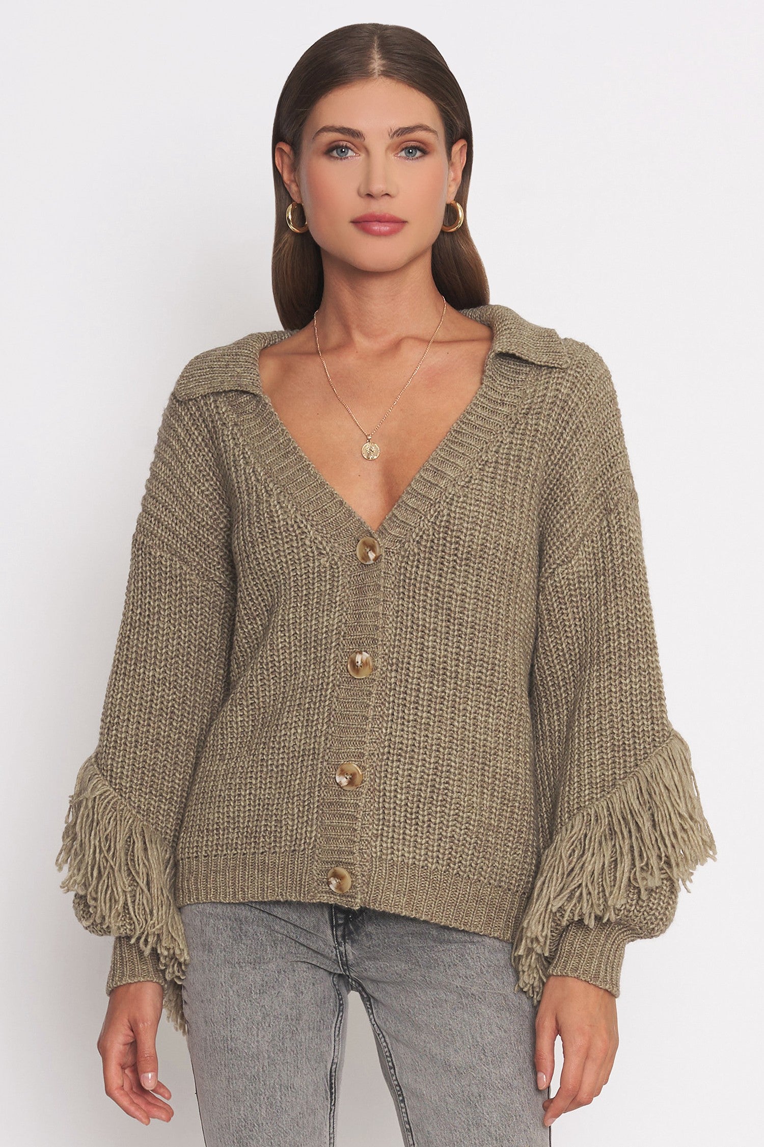Beige Fringe Detail Cardigan