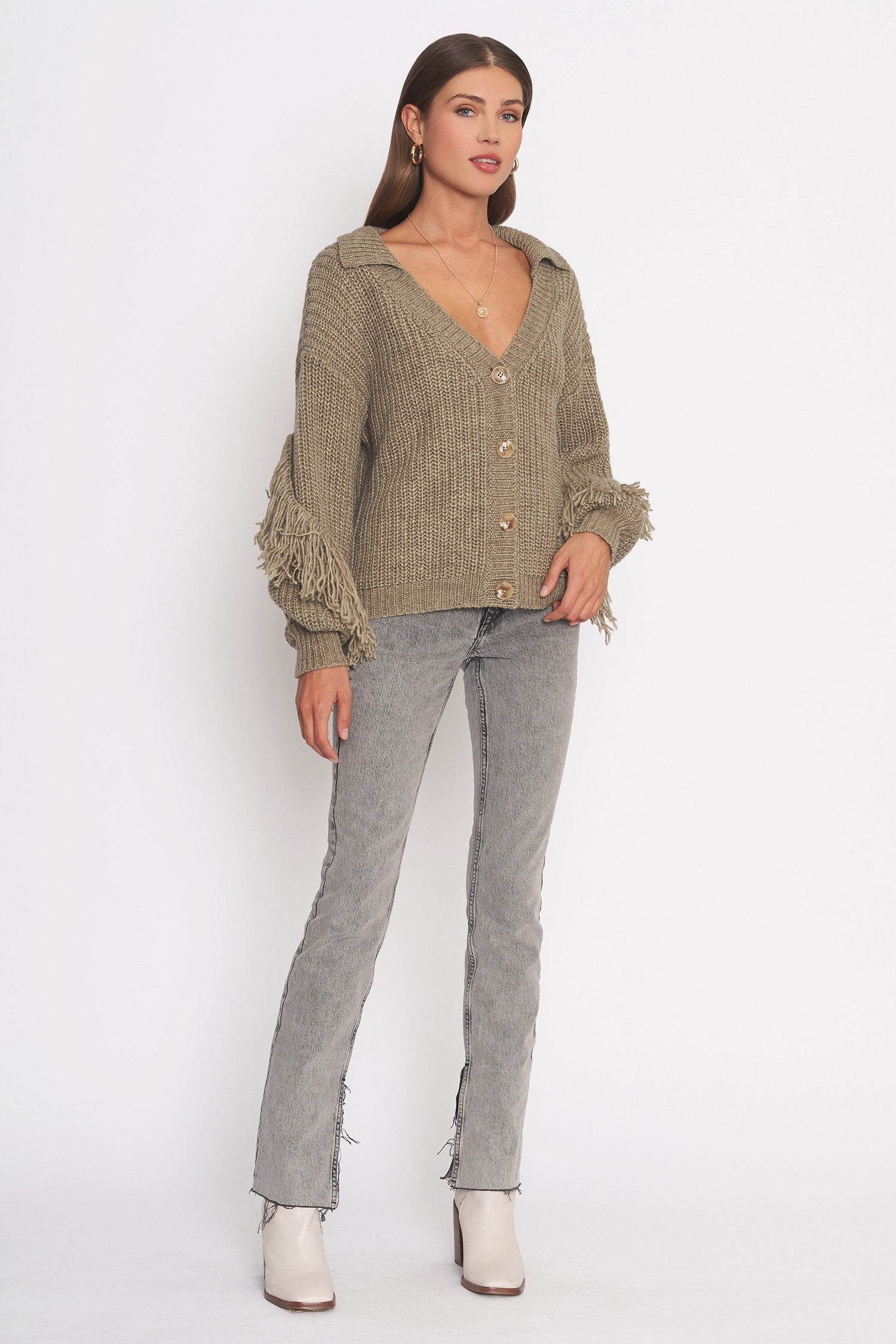 Beige Fringe Detail Cardigan