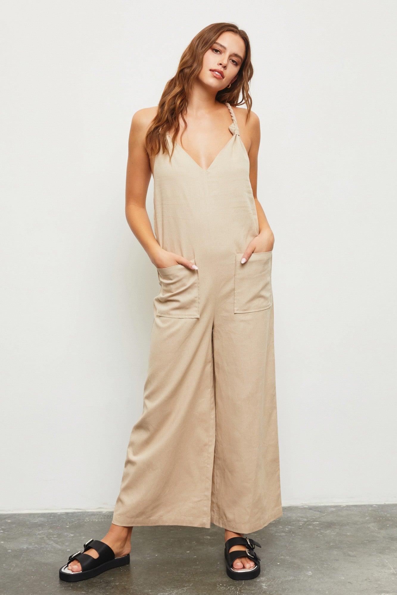 Taupe Rope Strap Halter Jumpsuit | Collective Request 