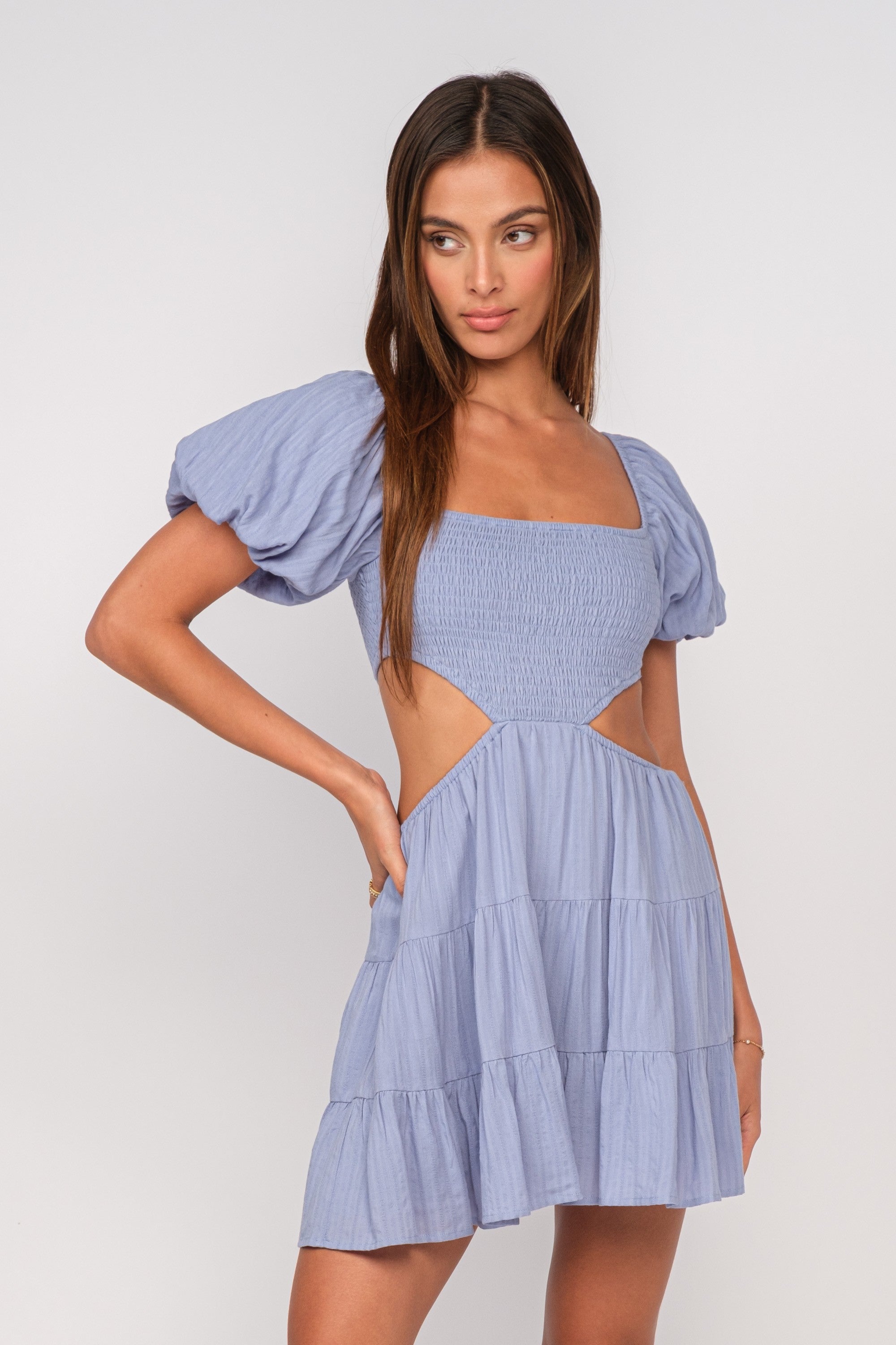 Solid Color Puff Sleeve Waist Cutout Mini Dress | Collective Request 
