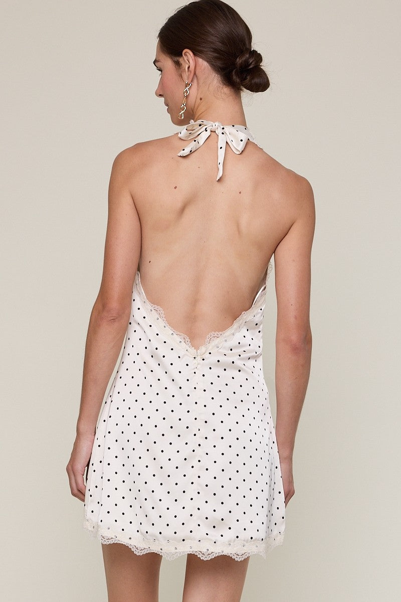 Halter Open Back Scallop Lace Polka Dot Mini Dress