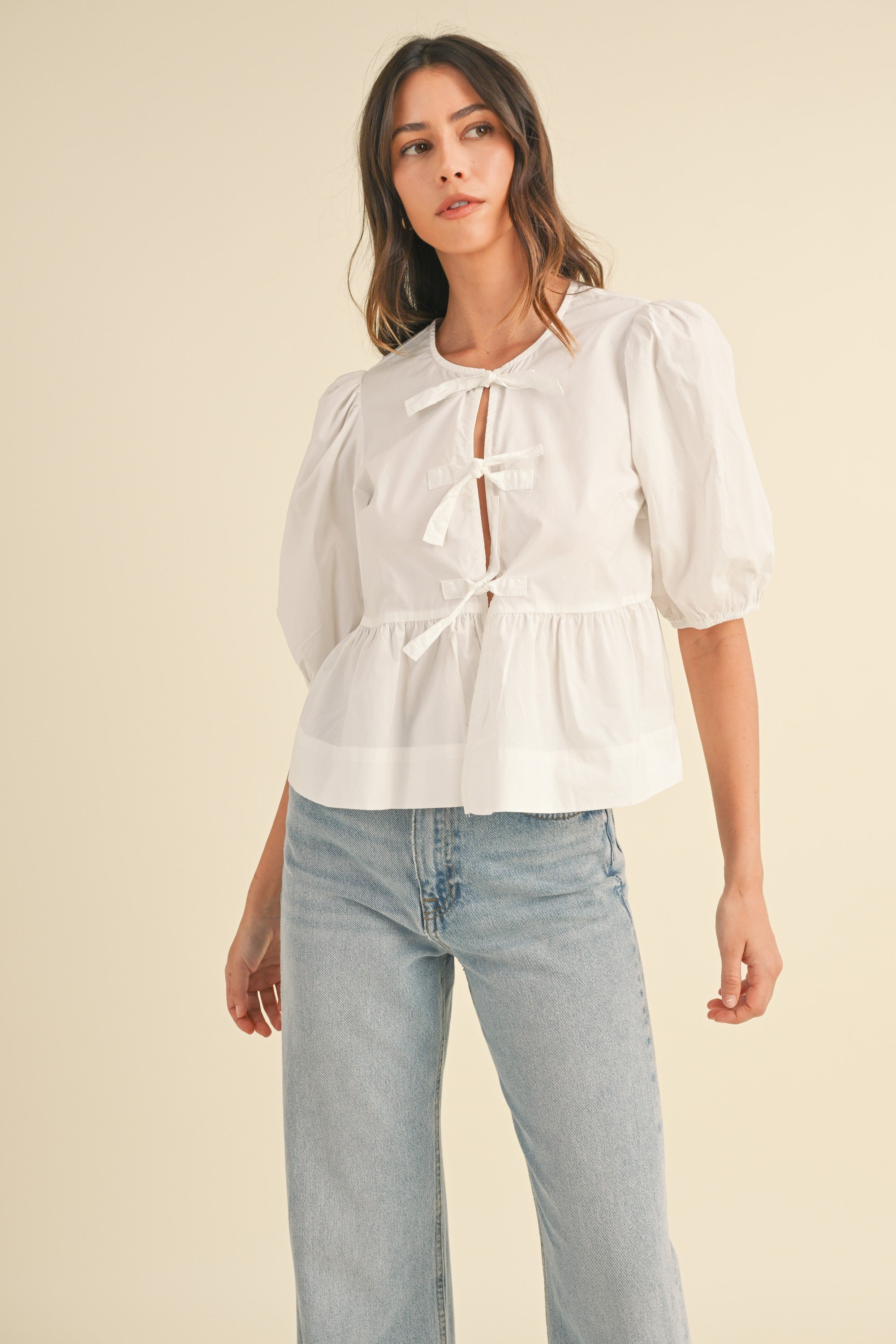 Puff Sleeve Bottom Ruffle Front Tie Top | Collective Request 