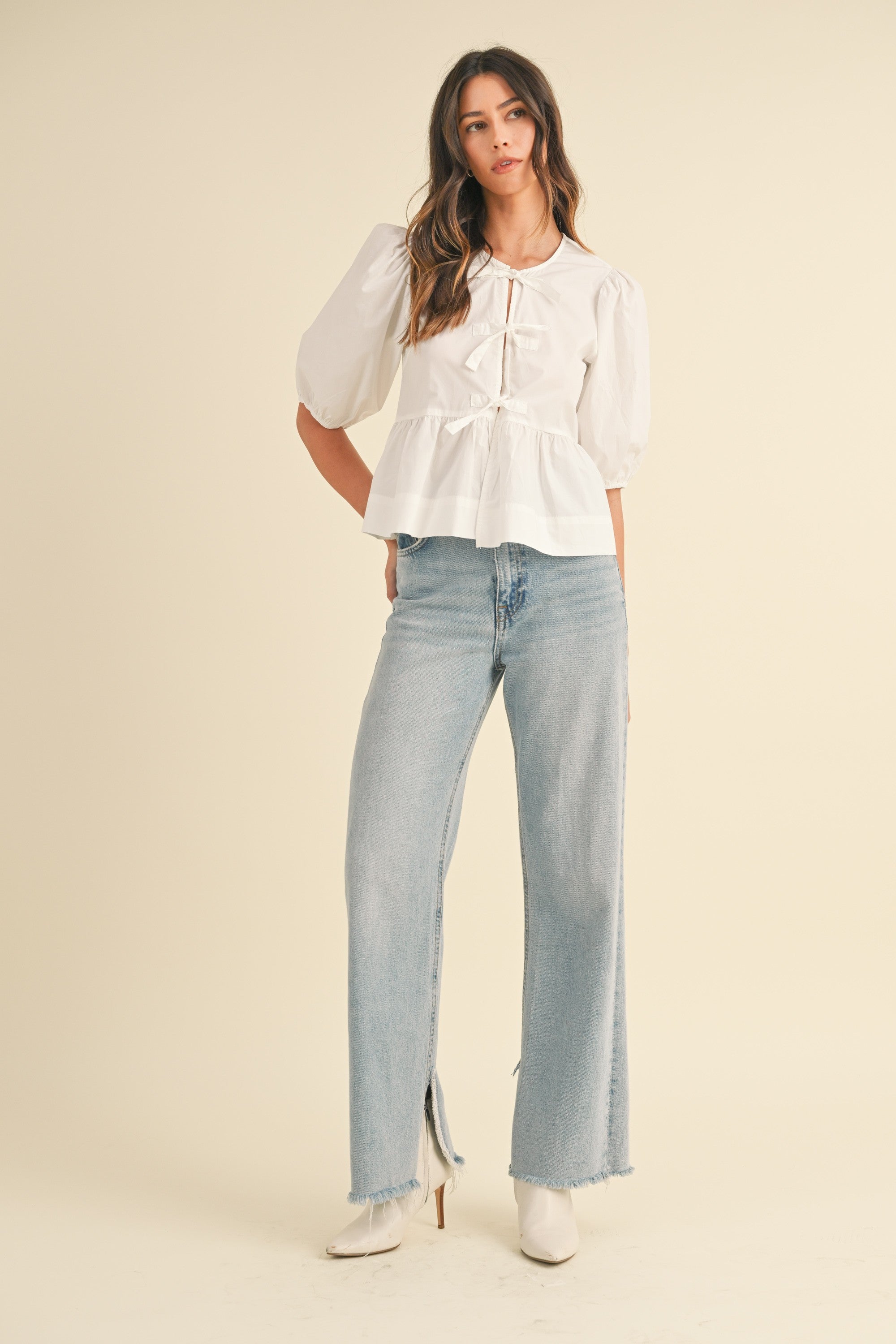 Puff Sleeve Bottom Ruffle Front Tie Top | Collective Request 
