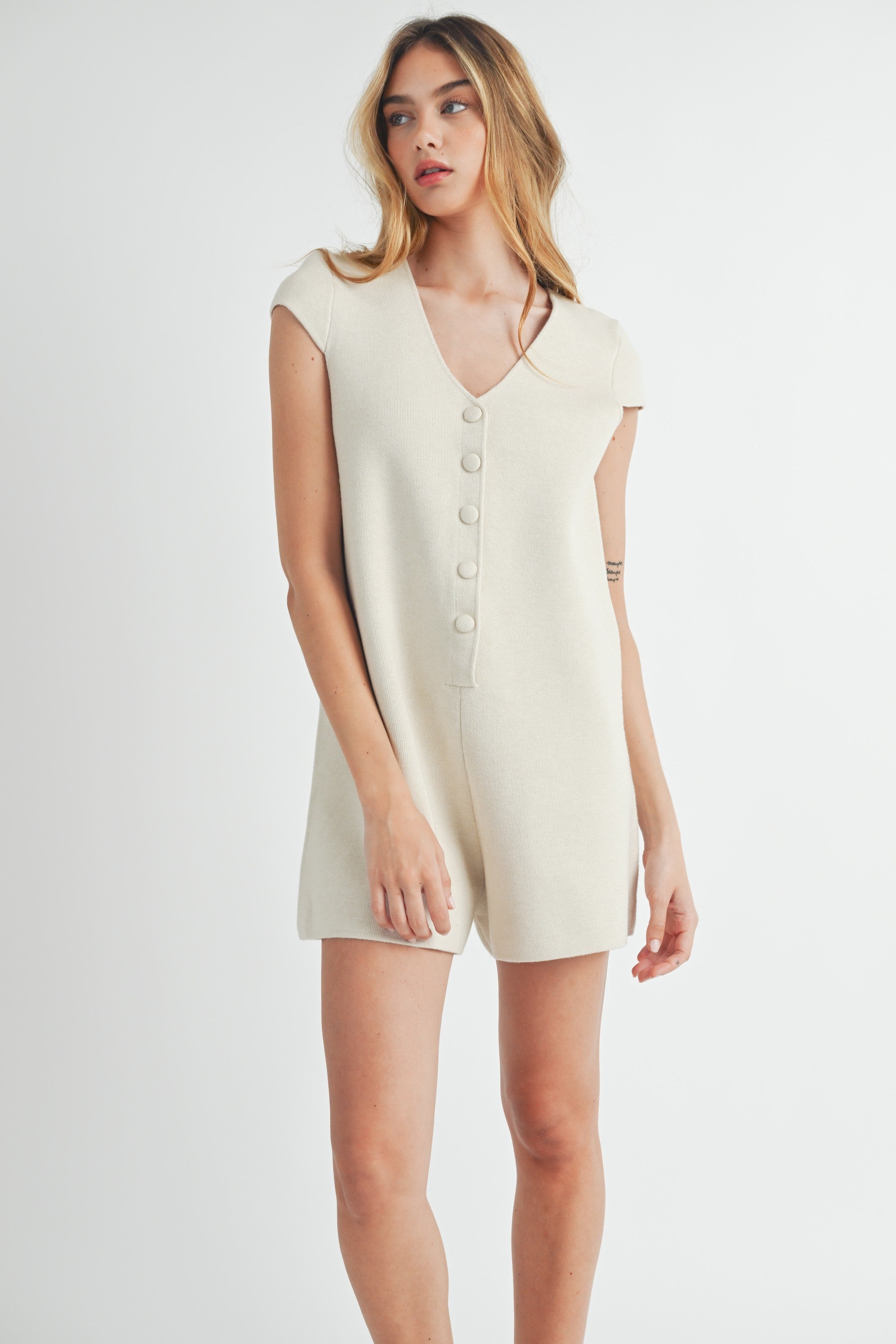 Taupe Button Down Knit Romper | Collective Request 