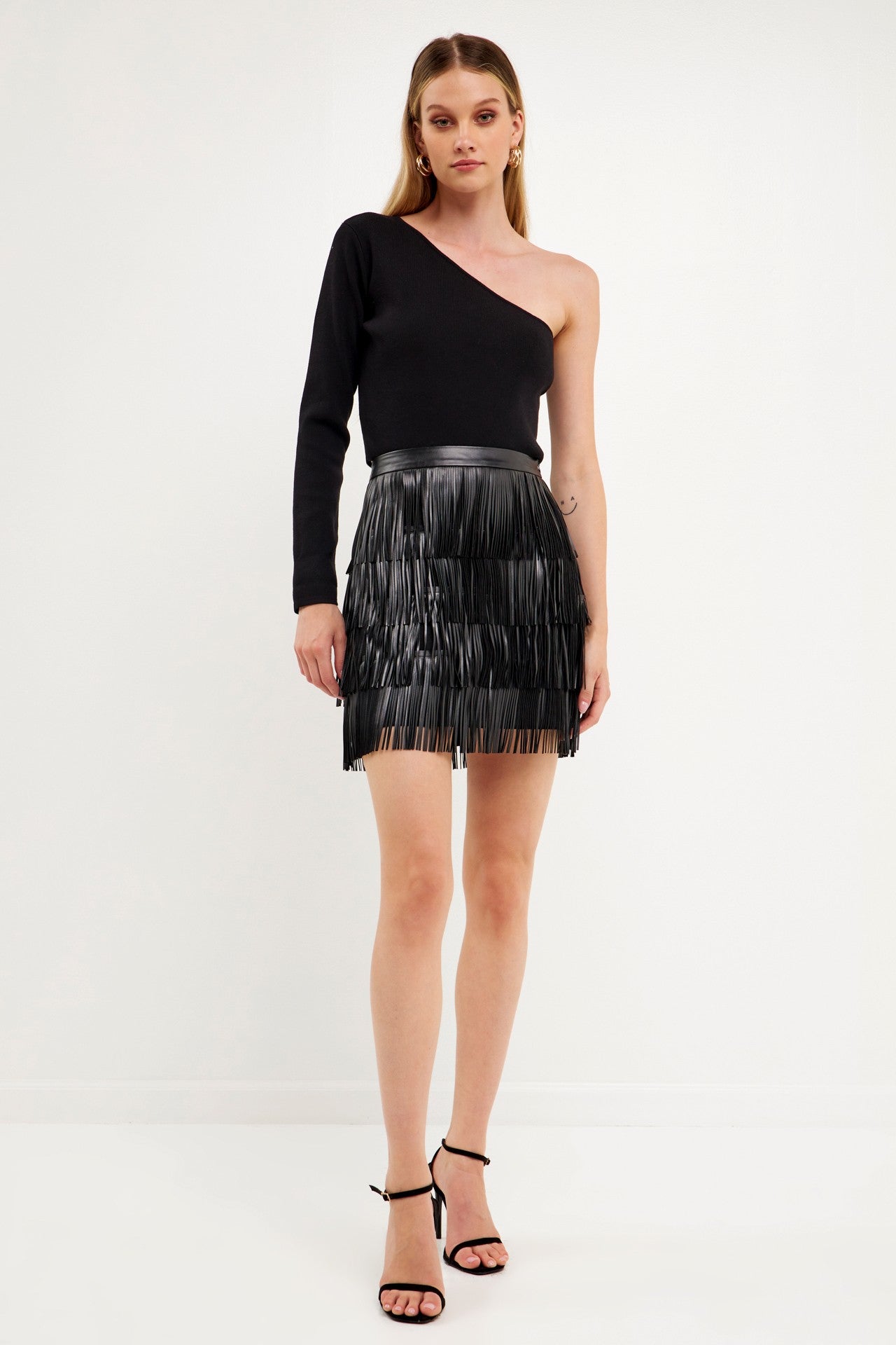 Black Leather Fringe Mini Skirt