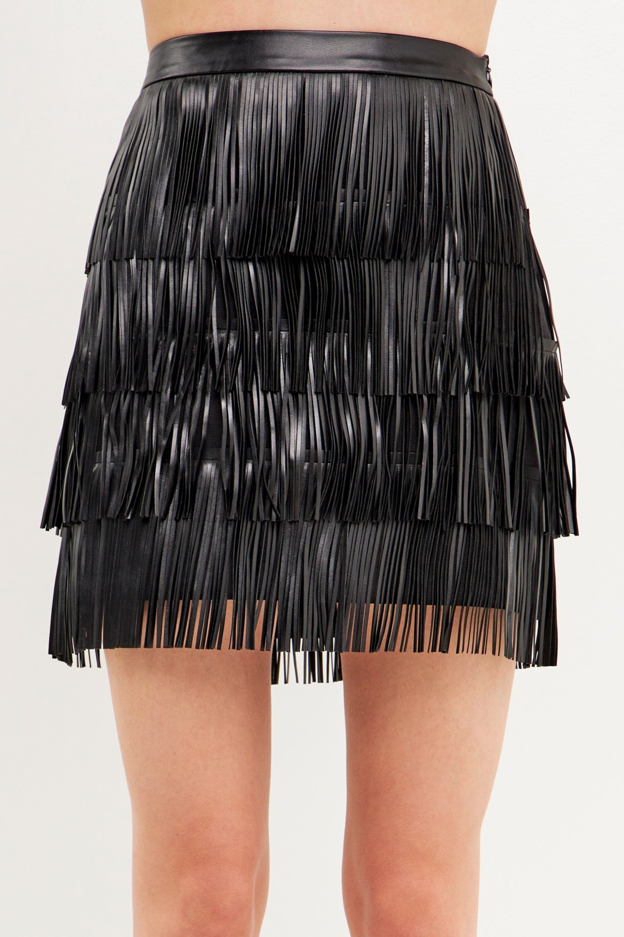 Black Leather Fringe Mini Skirt