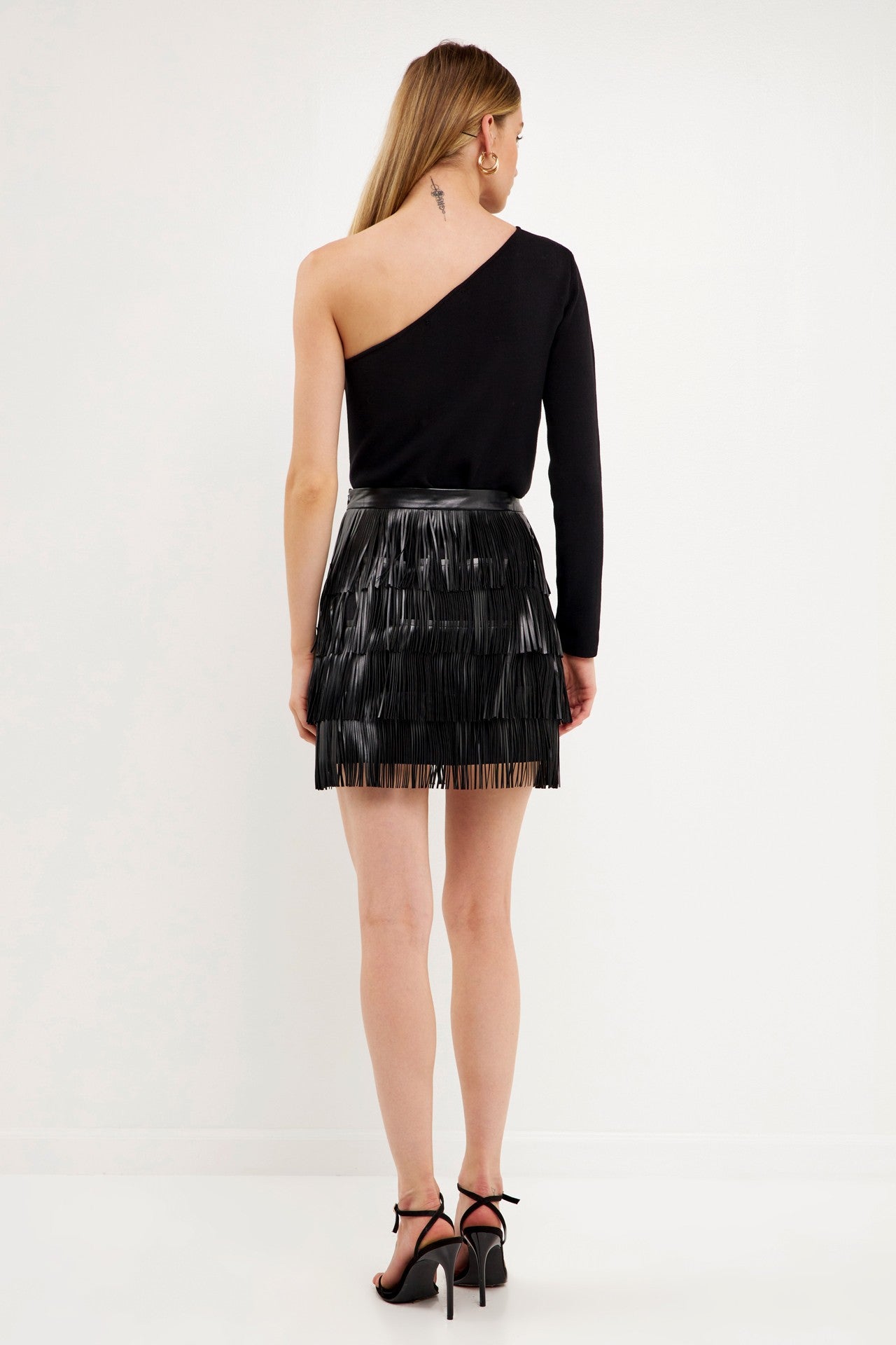 Black Leather Fringe Mini Skirt