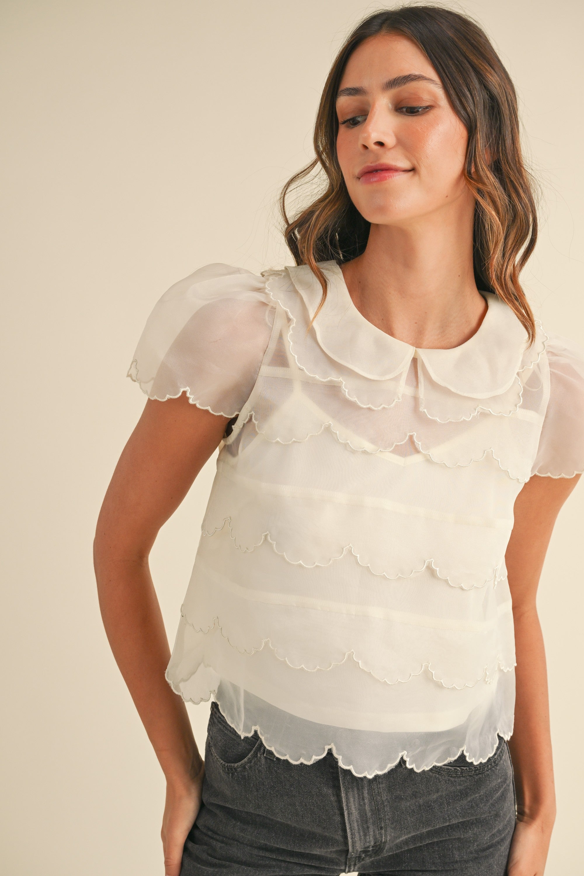 Cream Scallop Embroidered Organza Blouse Top