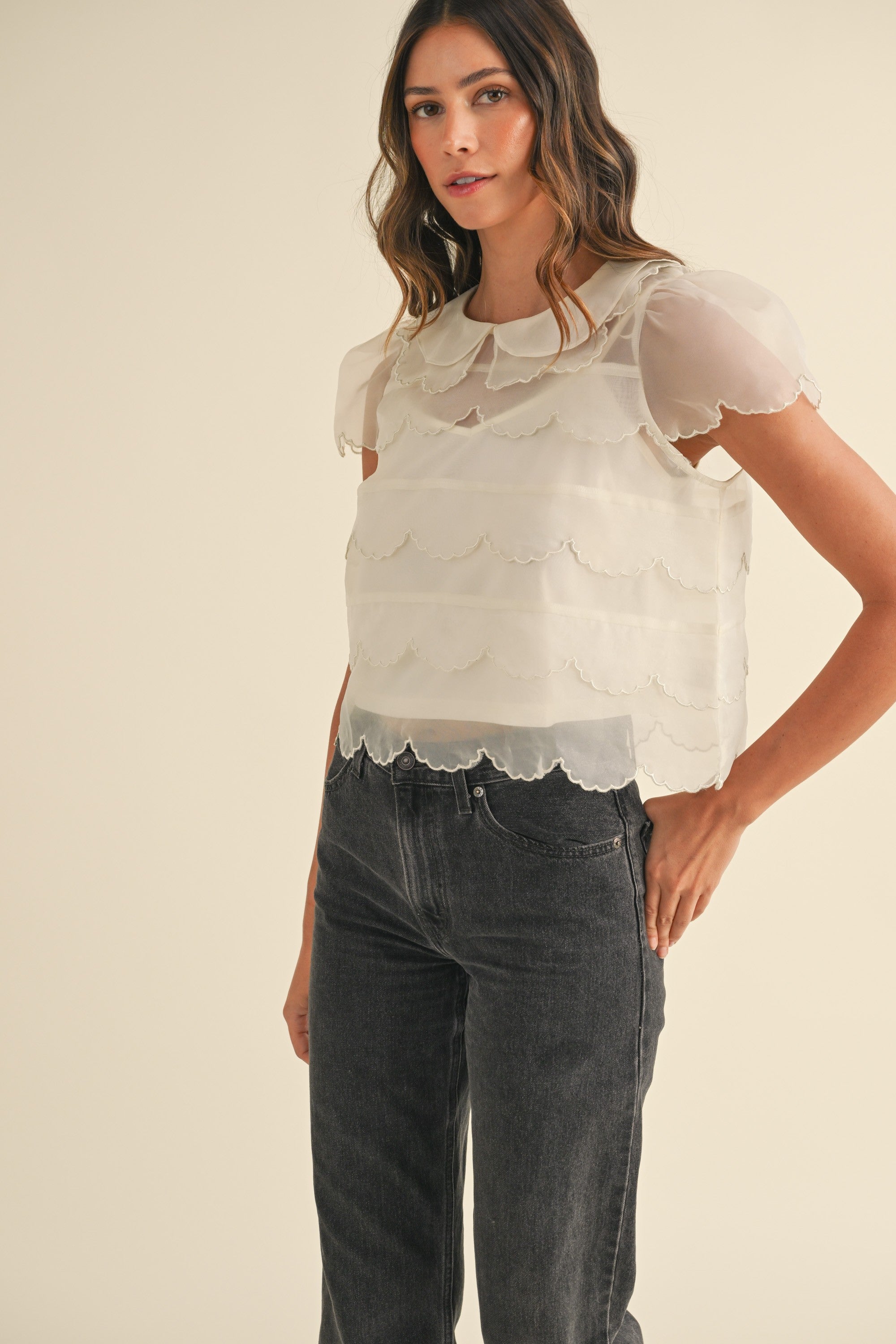 Cream Scallop Embroidered Organza Blouse Top