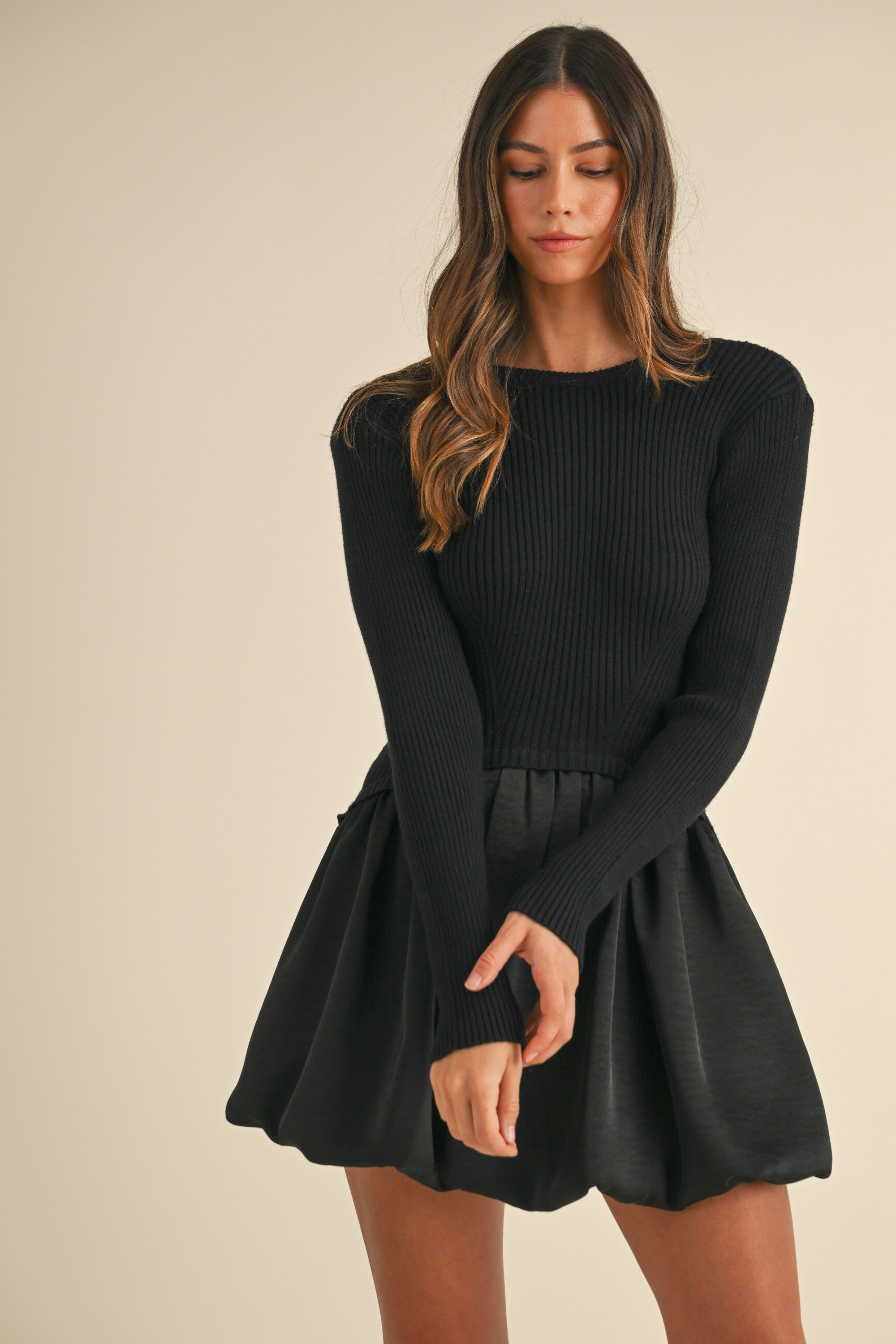 Black Sweater Combination Bubble Skirt Mini Dress