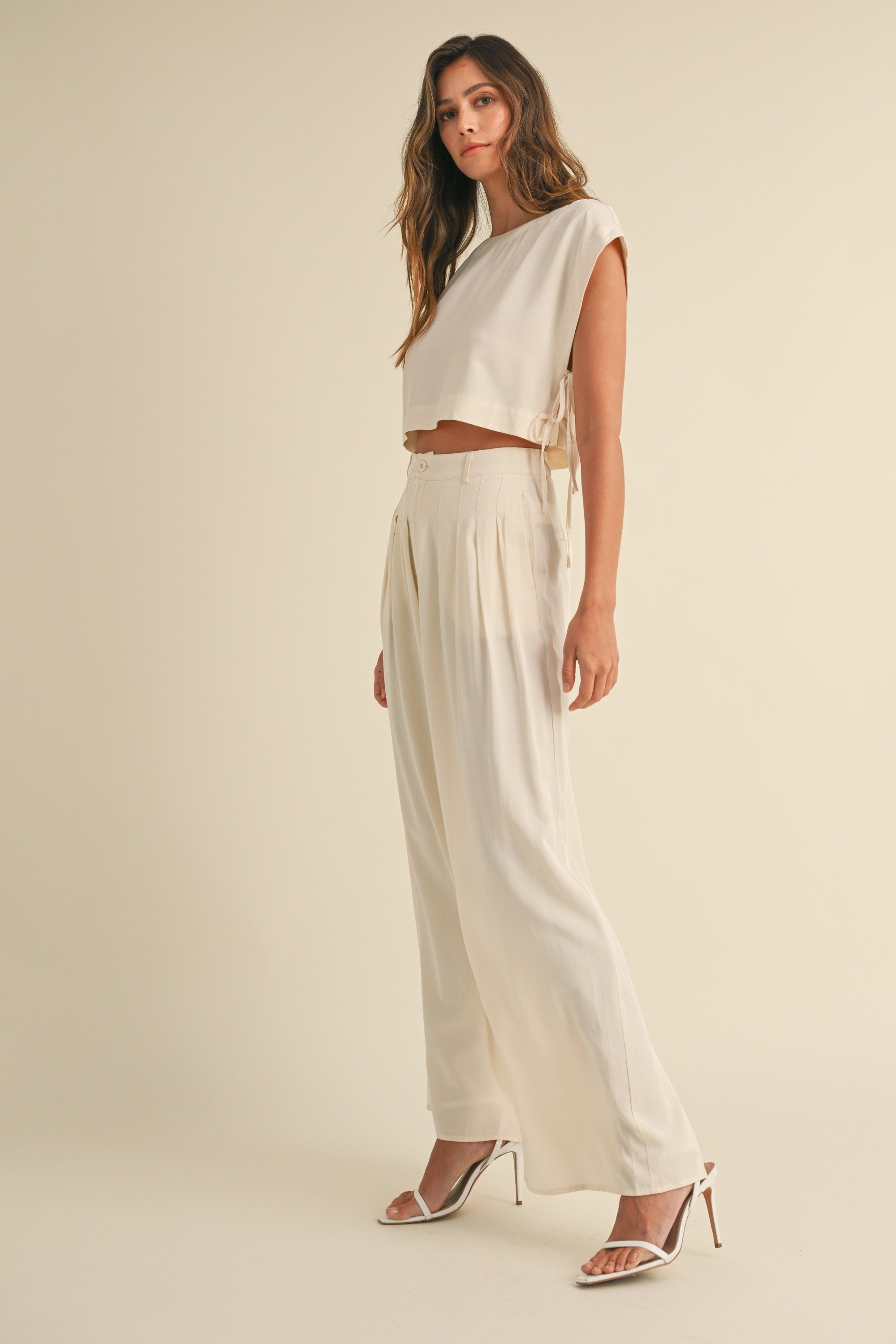 Cream Crop Top Side Tie & Pleated Wide Leg Pants Set | Collective Request 