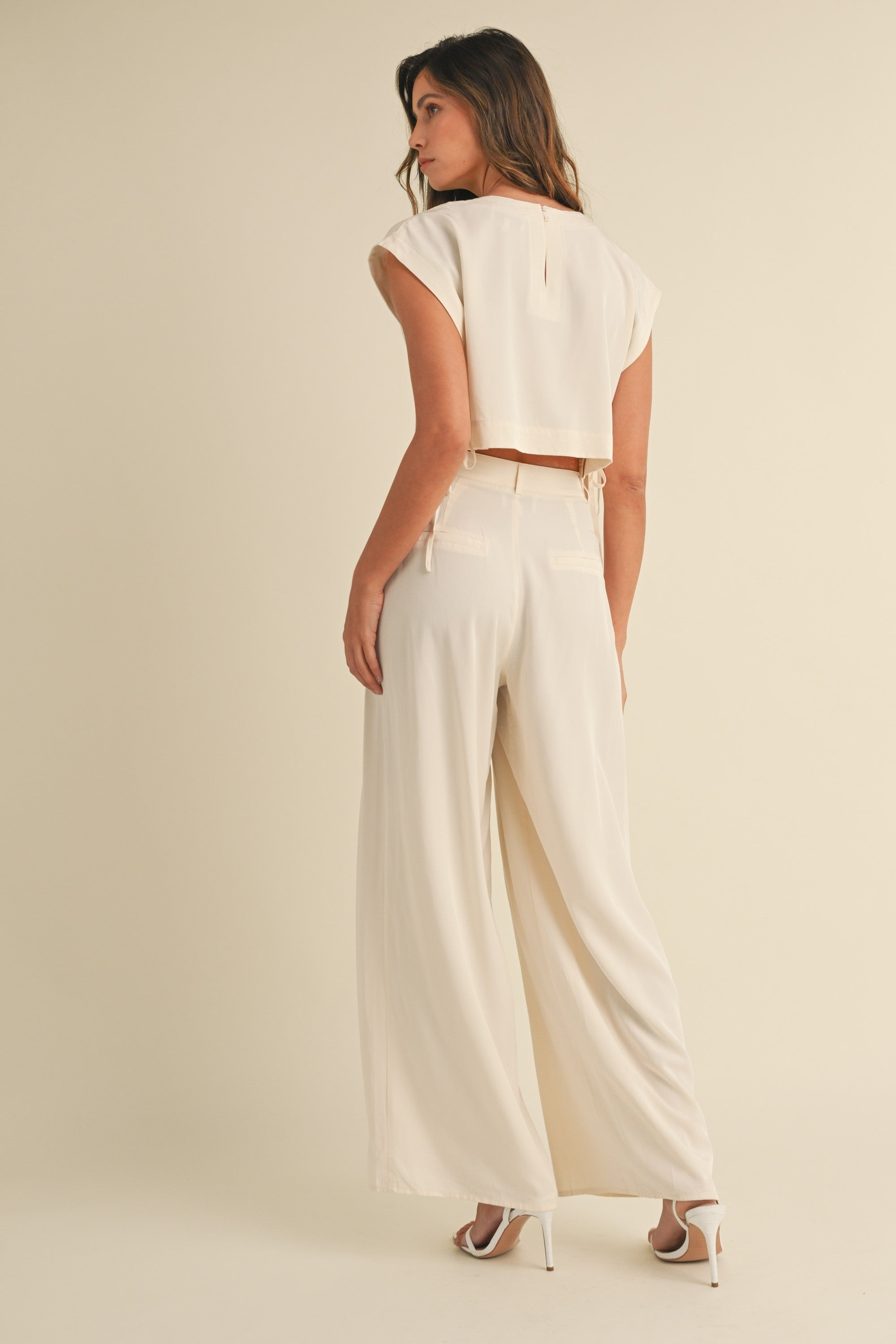 Cream Crop Top Side Tie & Pleated Wide Leg Pants Set | Collective Request 