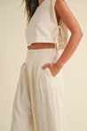 Cream Crop Top Side Tie & Pleated Wide Leg Pants Set | Collective Request 