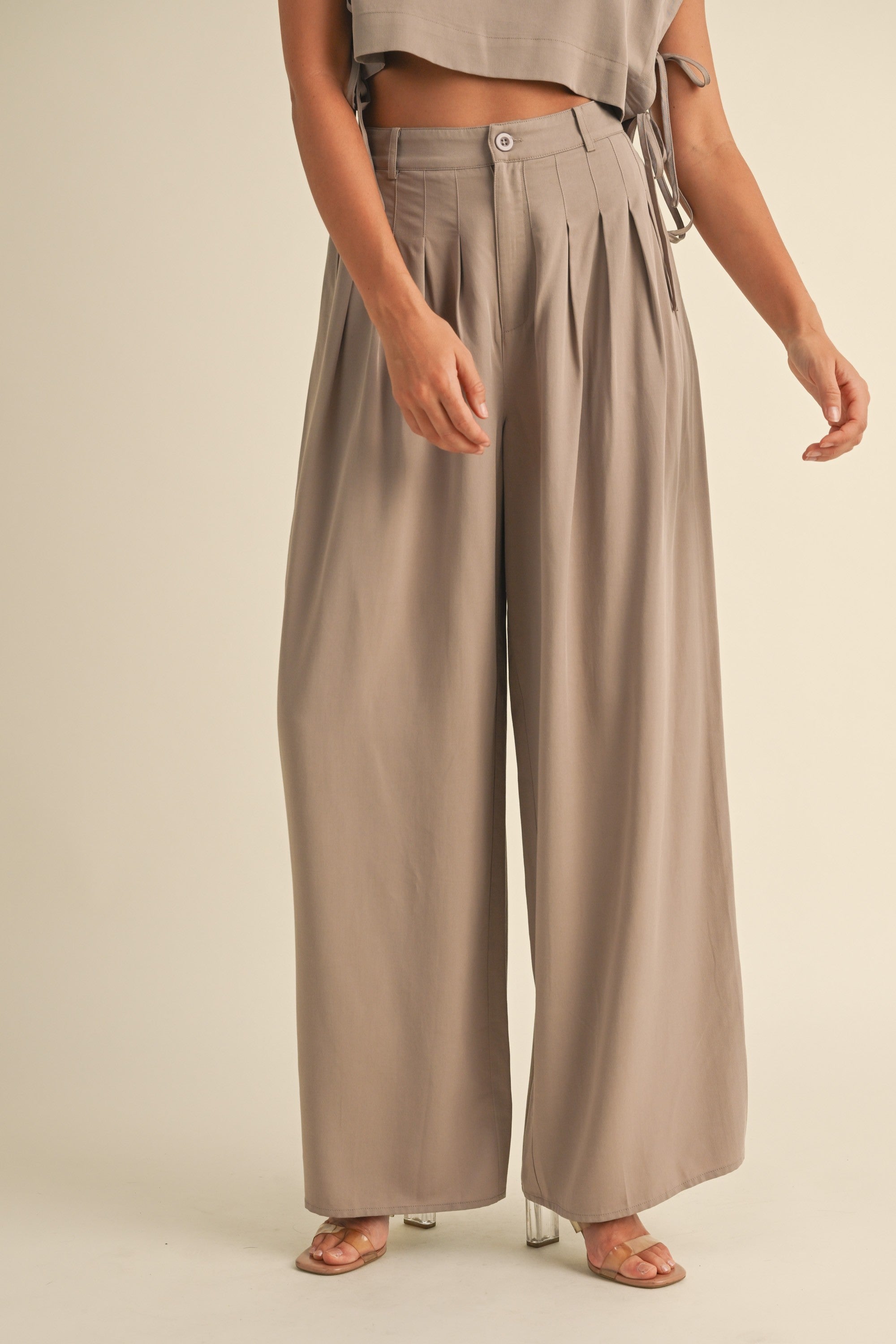 Mocha Crop Top Side Tie & Pleated Wide Leg Pants Set