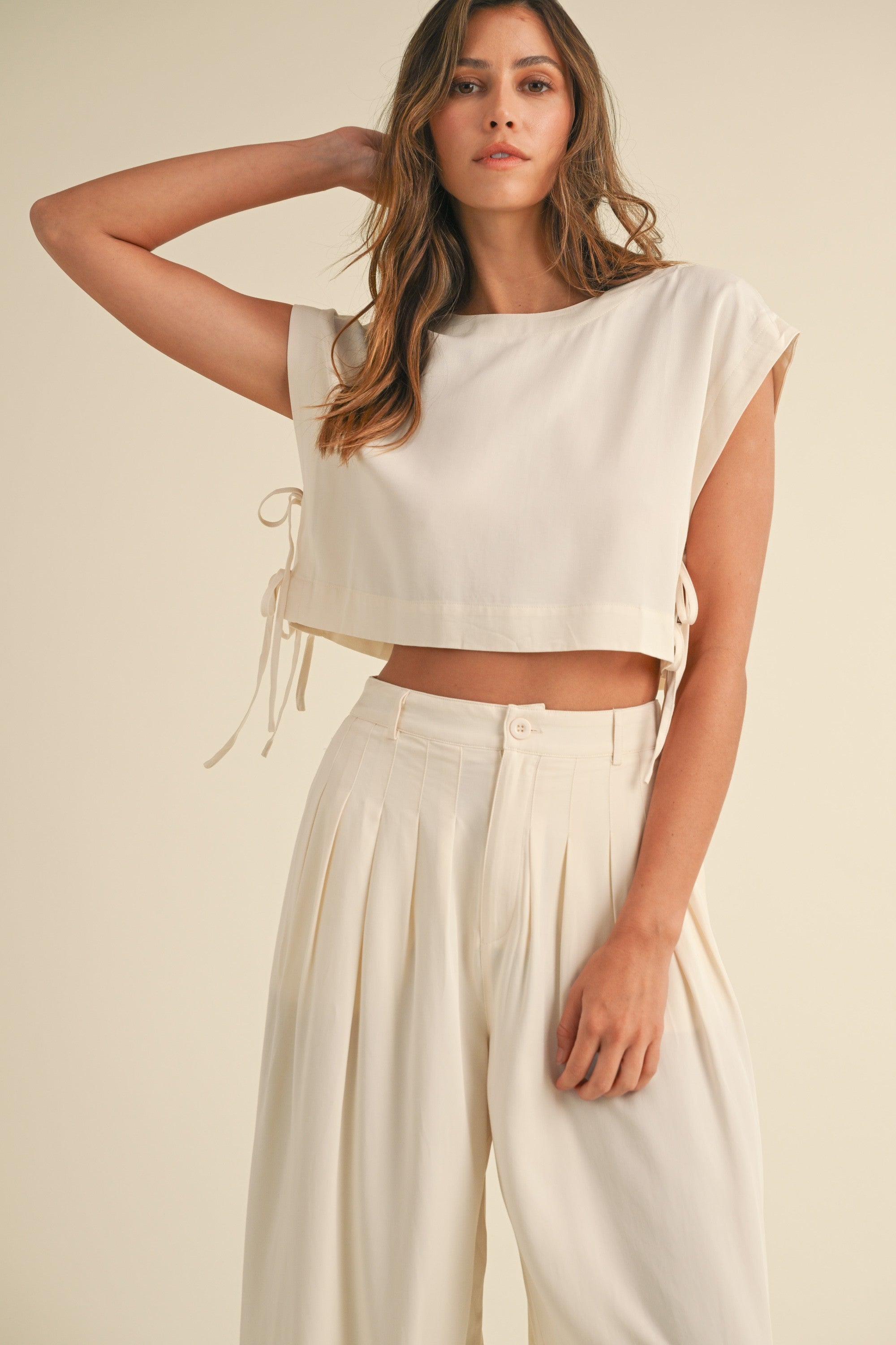 Cream Crop Top Side Tie & Pleated Wide Leg Pants Set | Collective Request 