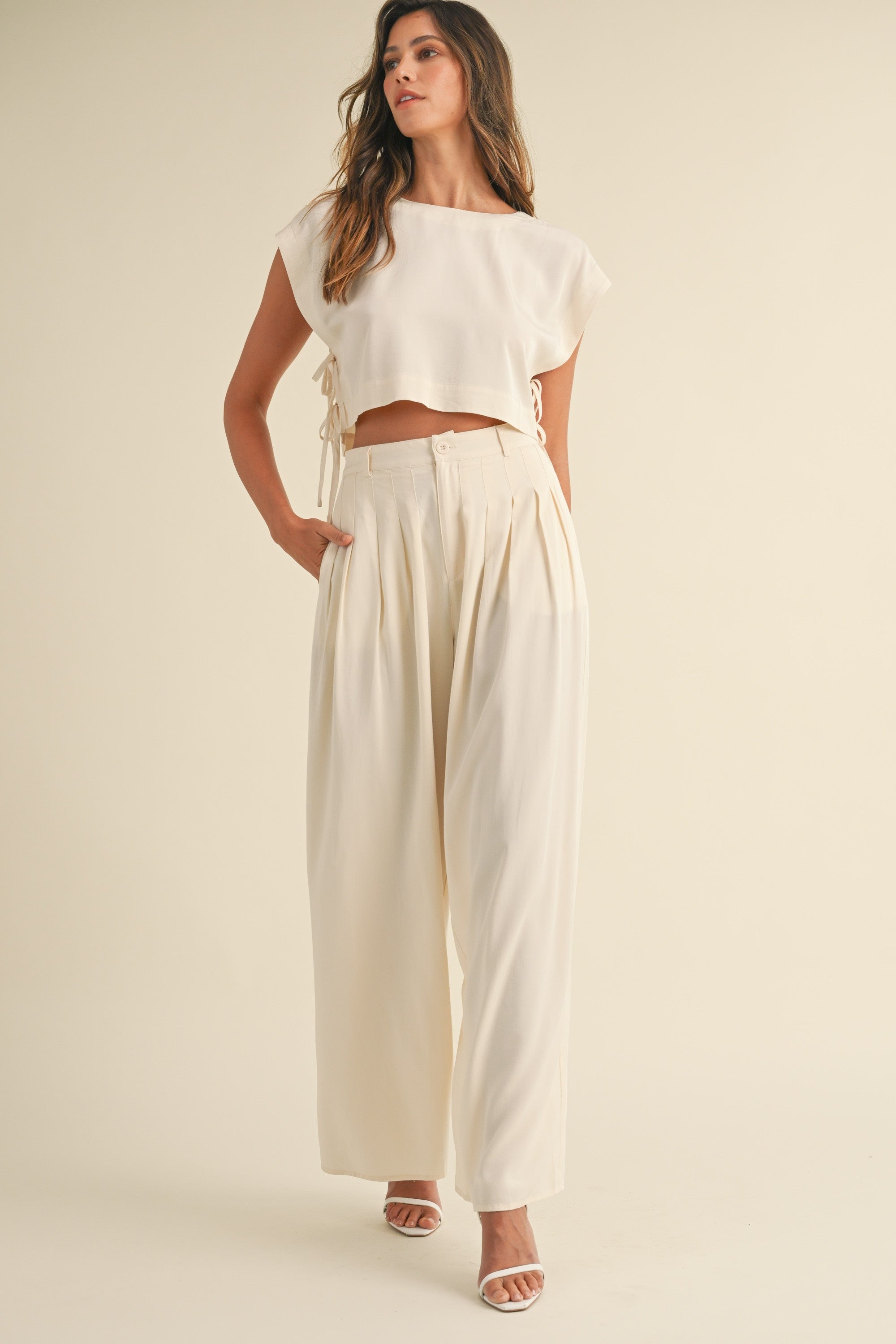 Cream Crop Top Side Tie & Pleated Wide Leg Pants Set | Collective Request 