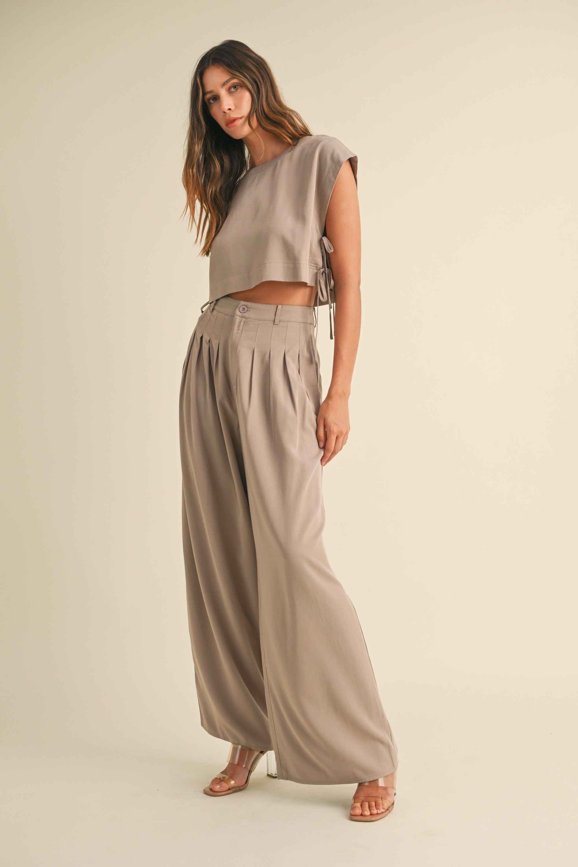 Mocha Crop Top Side Tie & Pleated Wide Leg Pants Set