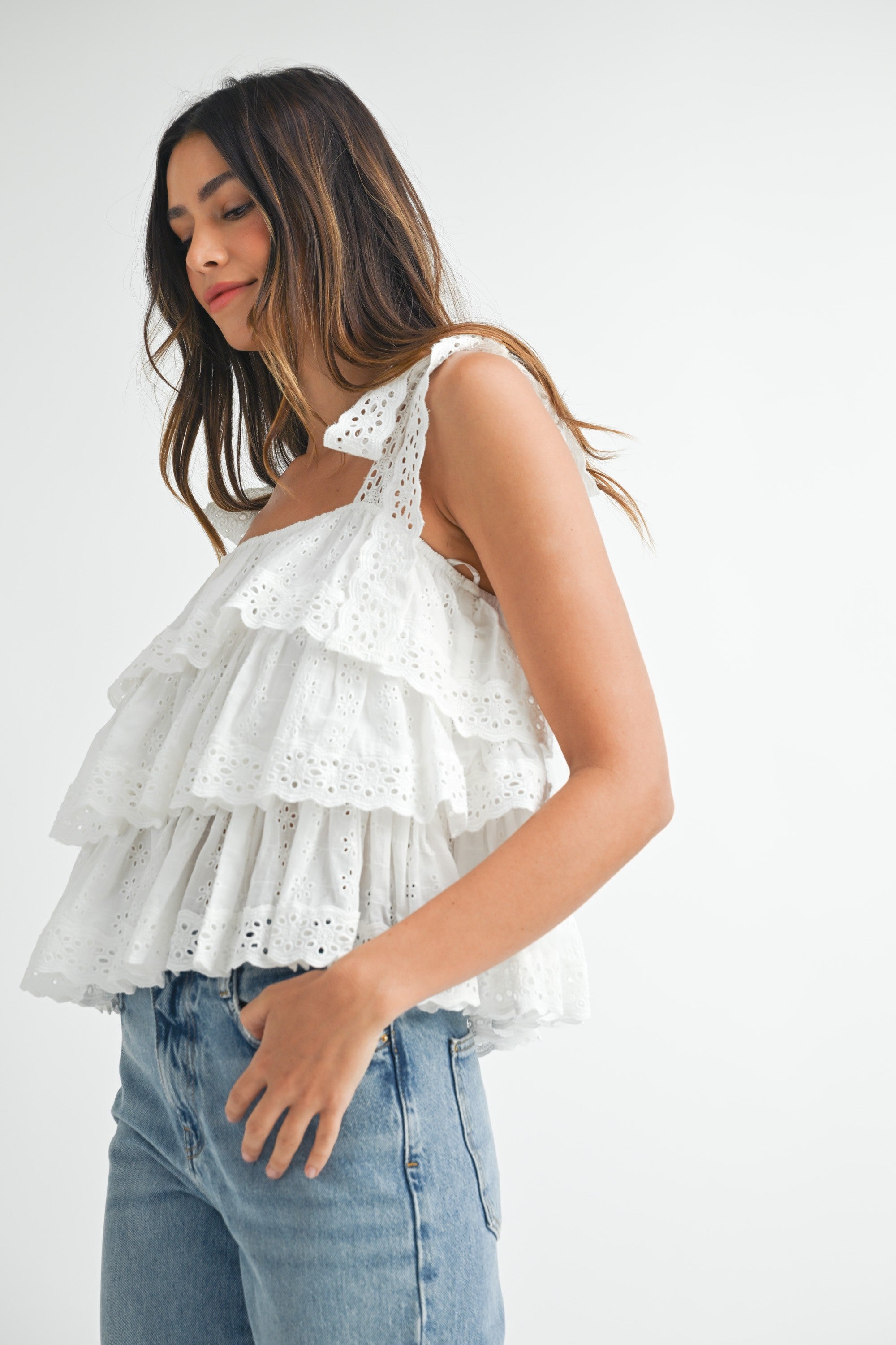 Embroidered Tiered Top with Lace Straps