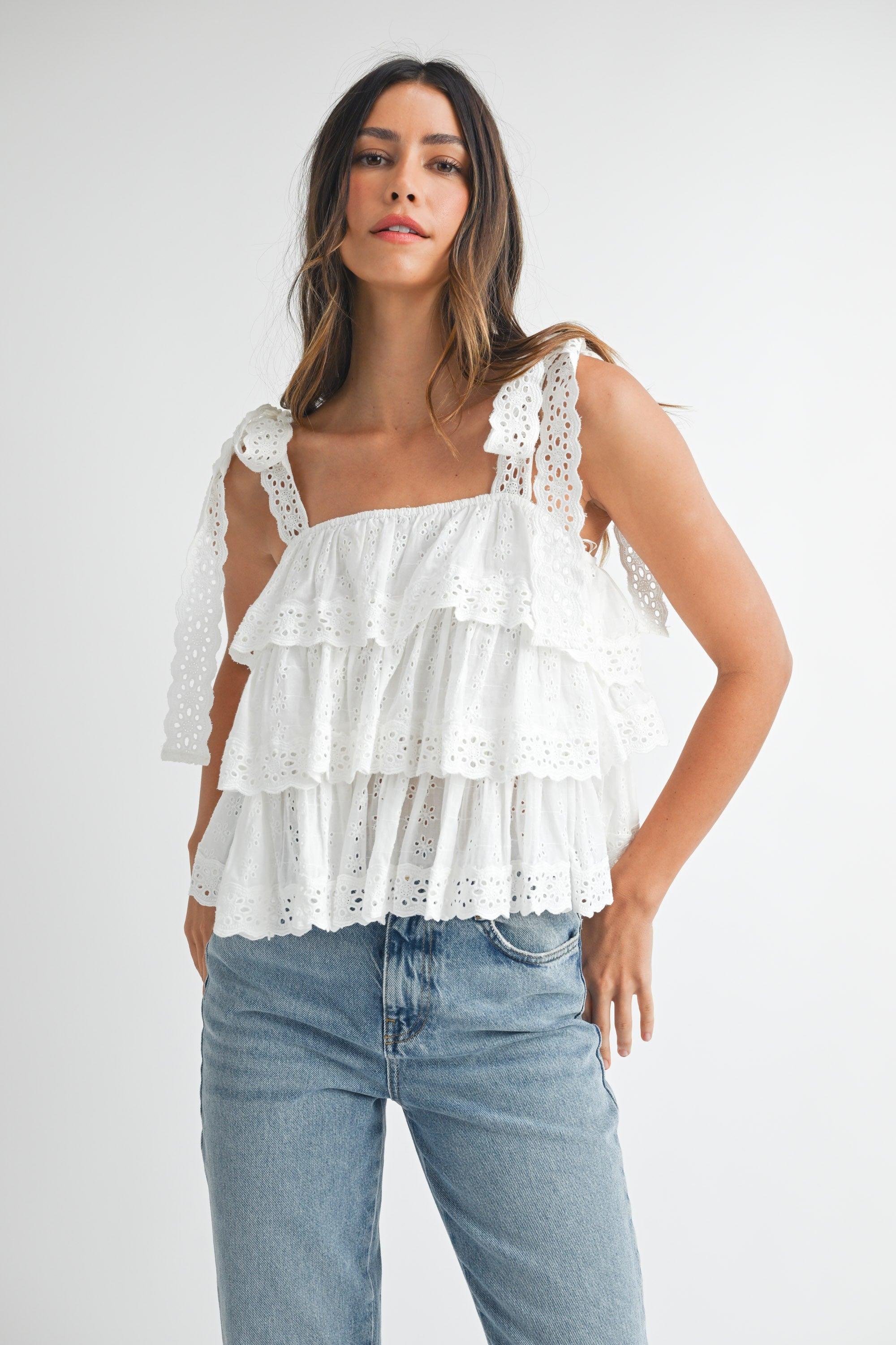 Embroidered Tiered Top with Lace Straps