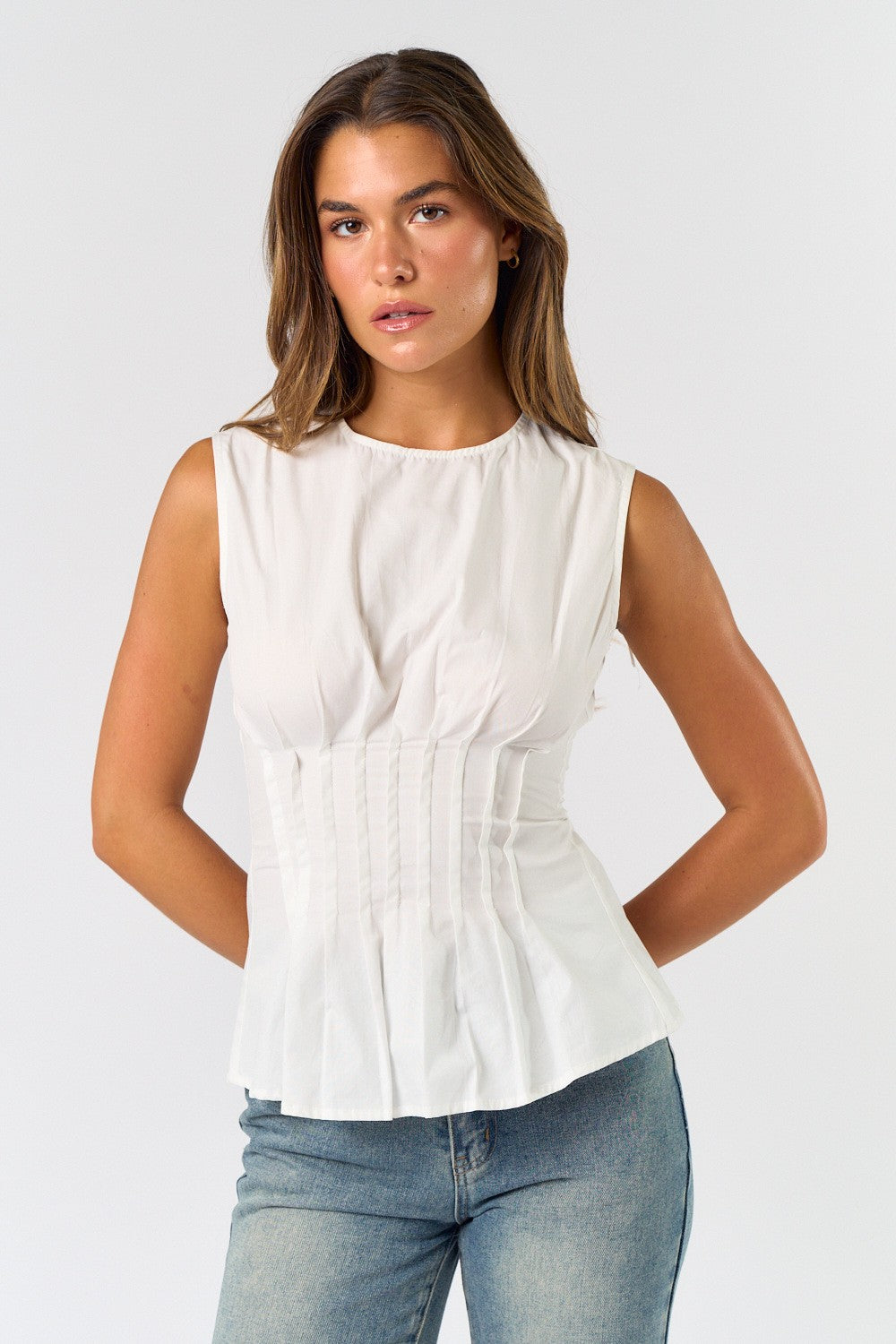 Sleeveless Pleated Poplin Top