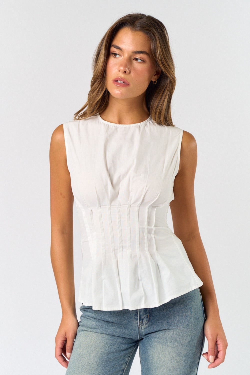 Sleeveless Pleated Poplin Top