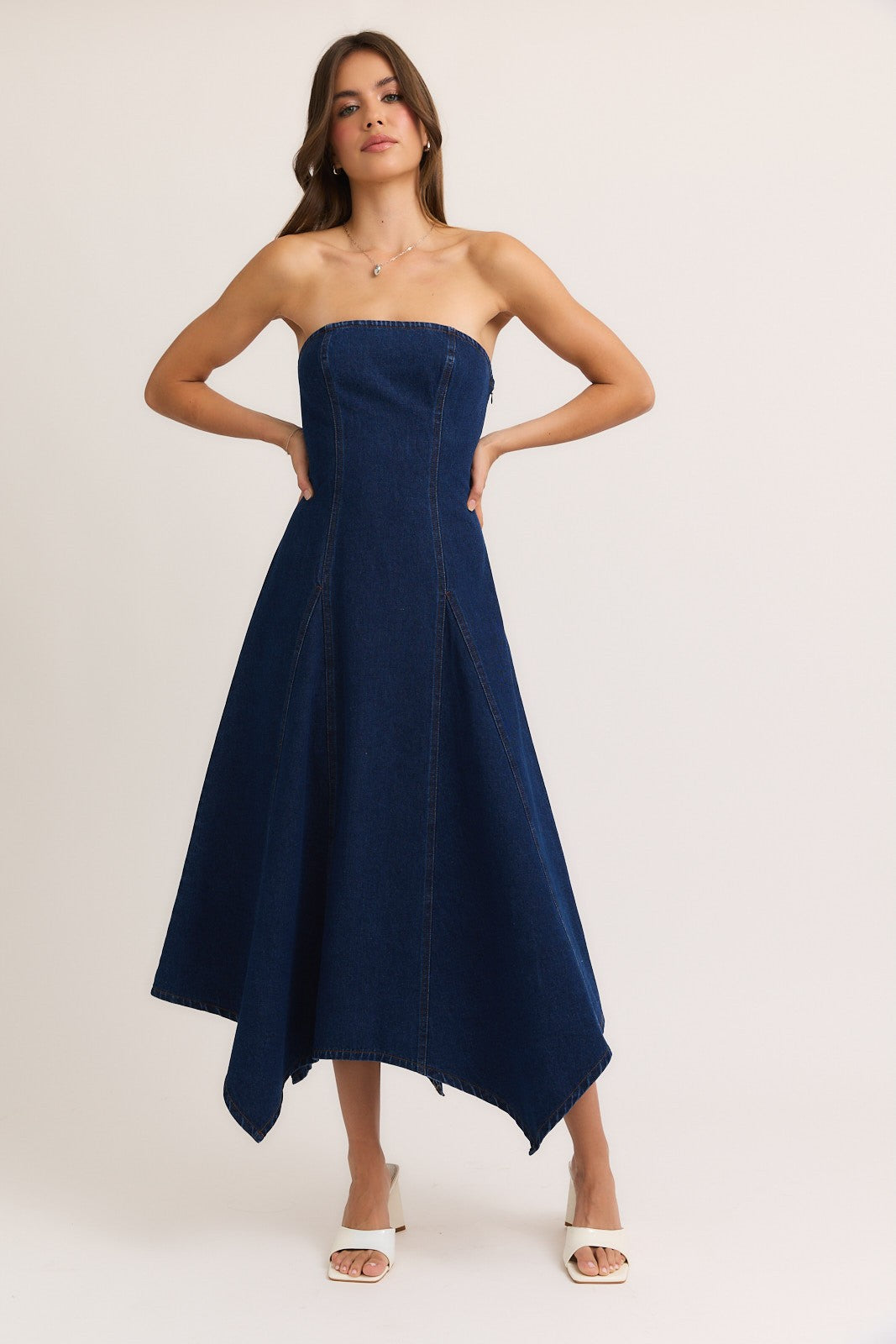 Scarf Hem Denim Tube Midi Dress