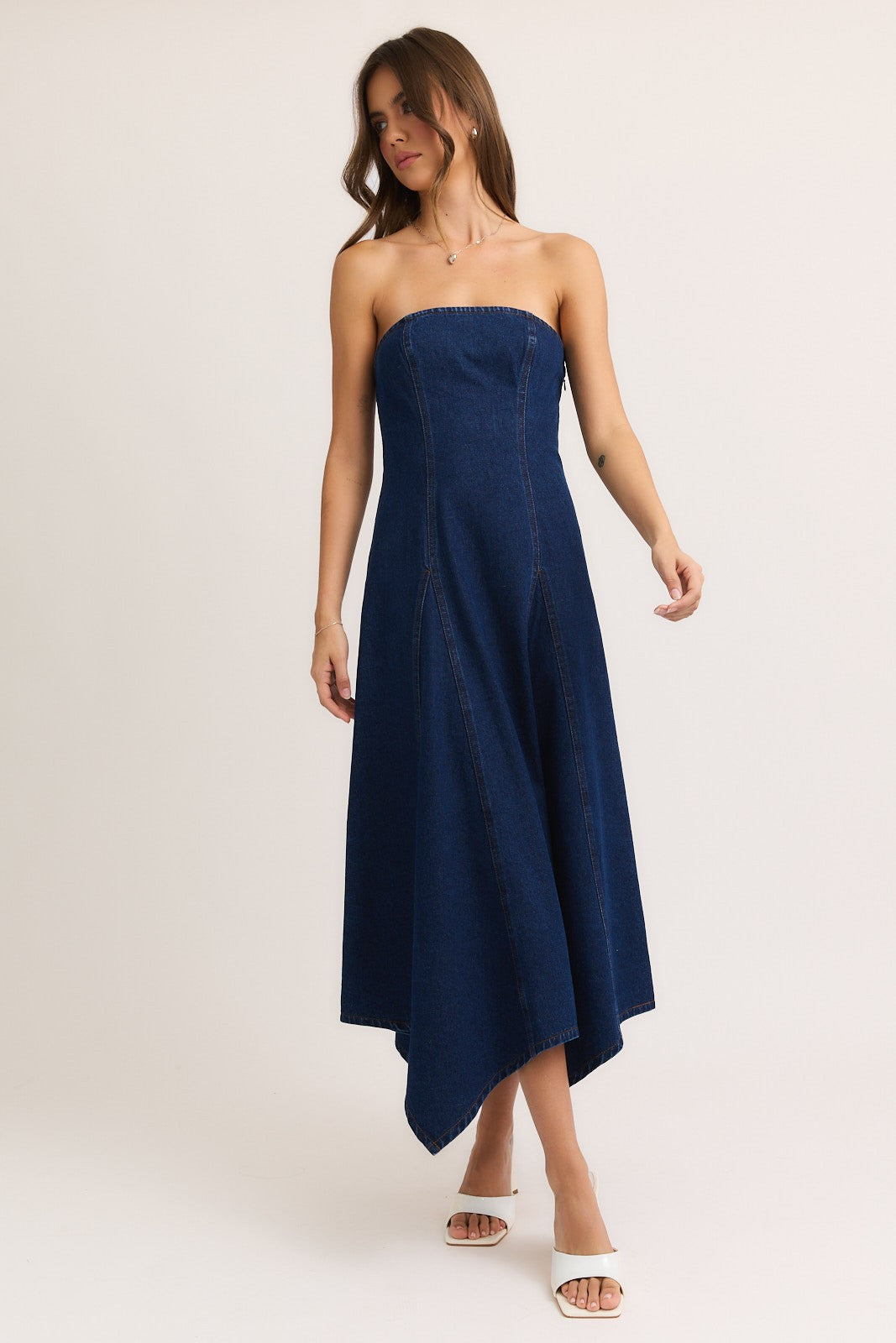 Scarf Hem Denim Tube Midi Dress