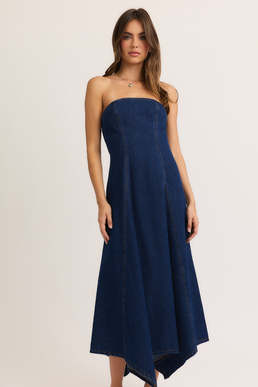 Scarf Hem Denim Tube Midi Dress