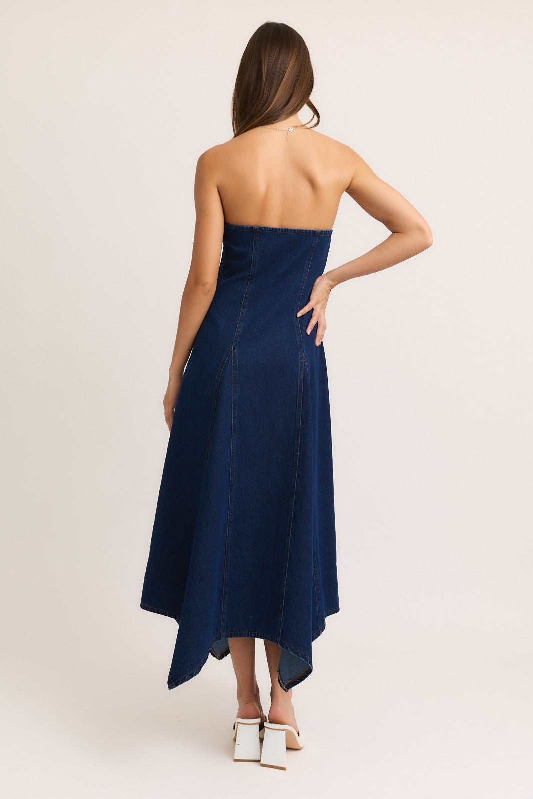 Scarf Hem Denim Tube Midi Dress