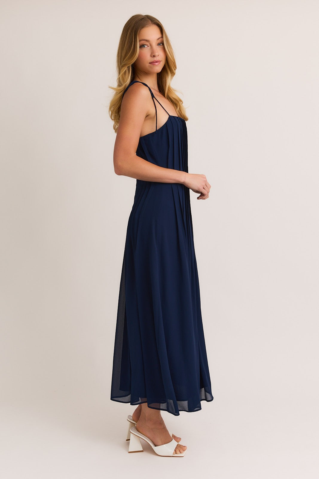 Tuck Detail Shoulder Tie Maxi Dress