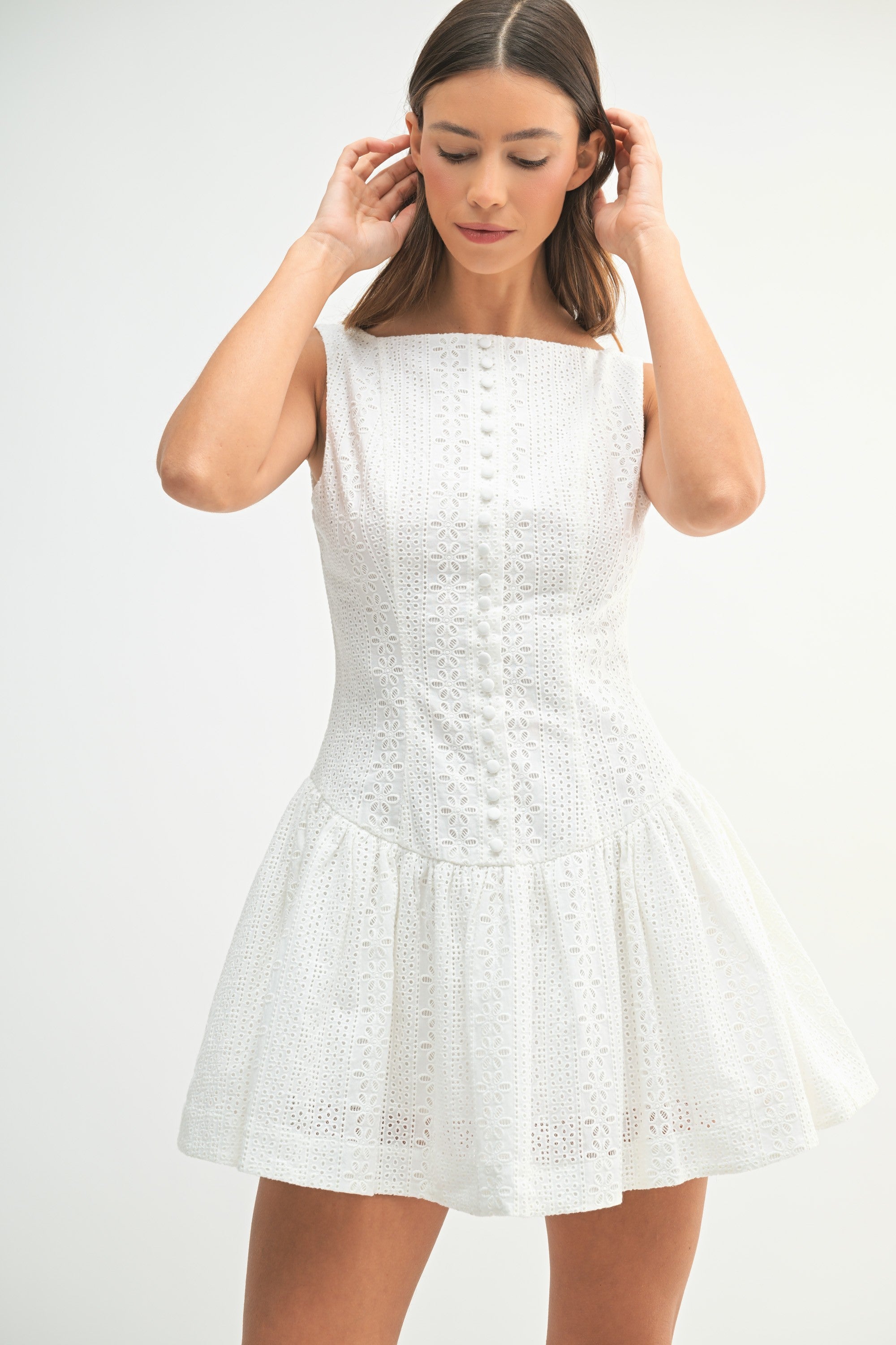 Eyelet Lace Button Front Mini Dress
