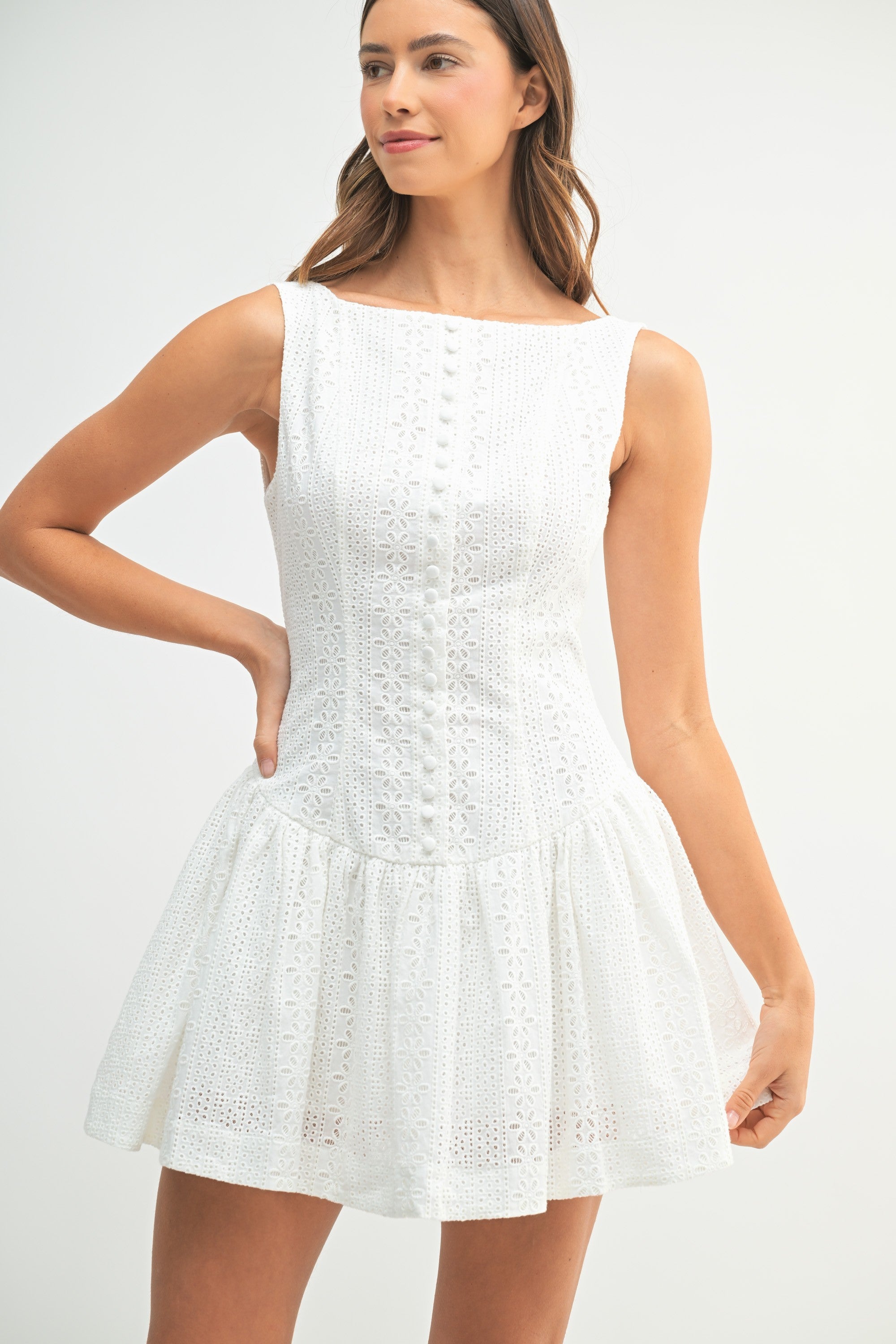 Eyelet Lace Button Front Mini Dress