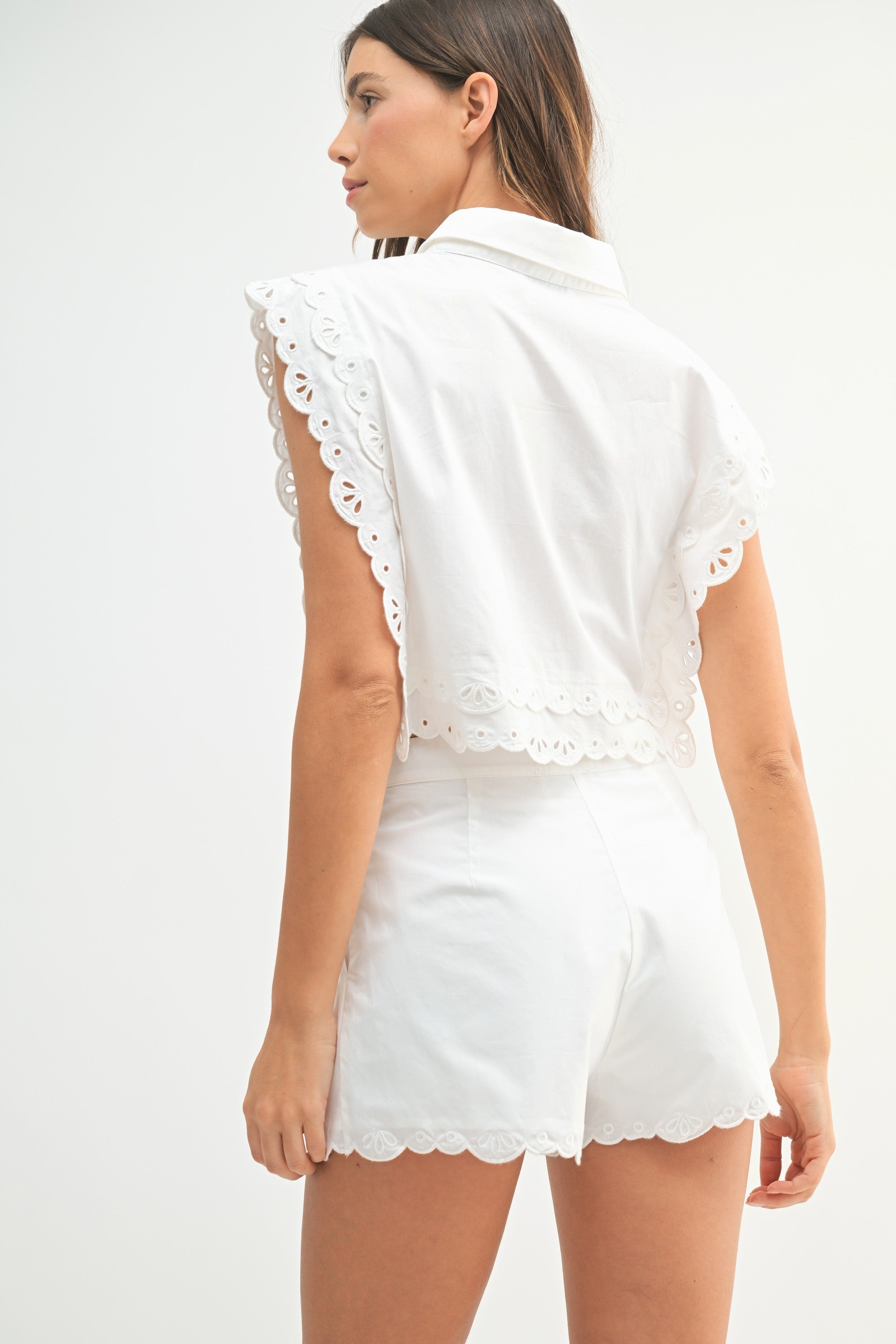 Scalloped Embroidery Poplin Sleeveless Shirt Top & Pants