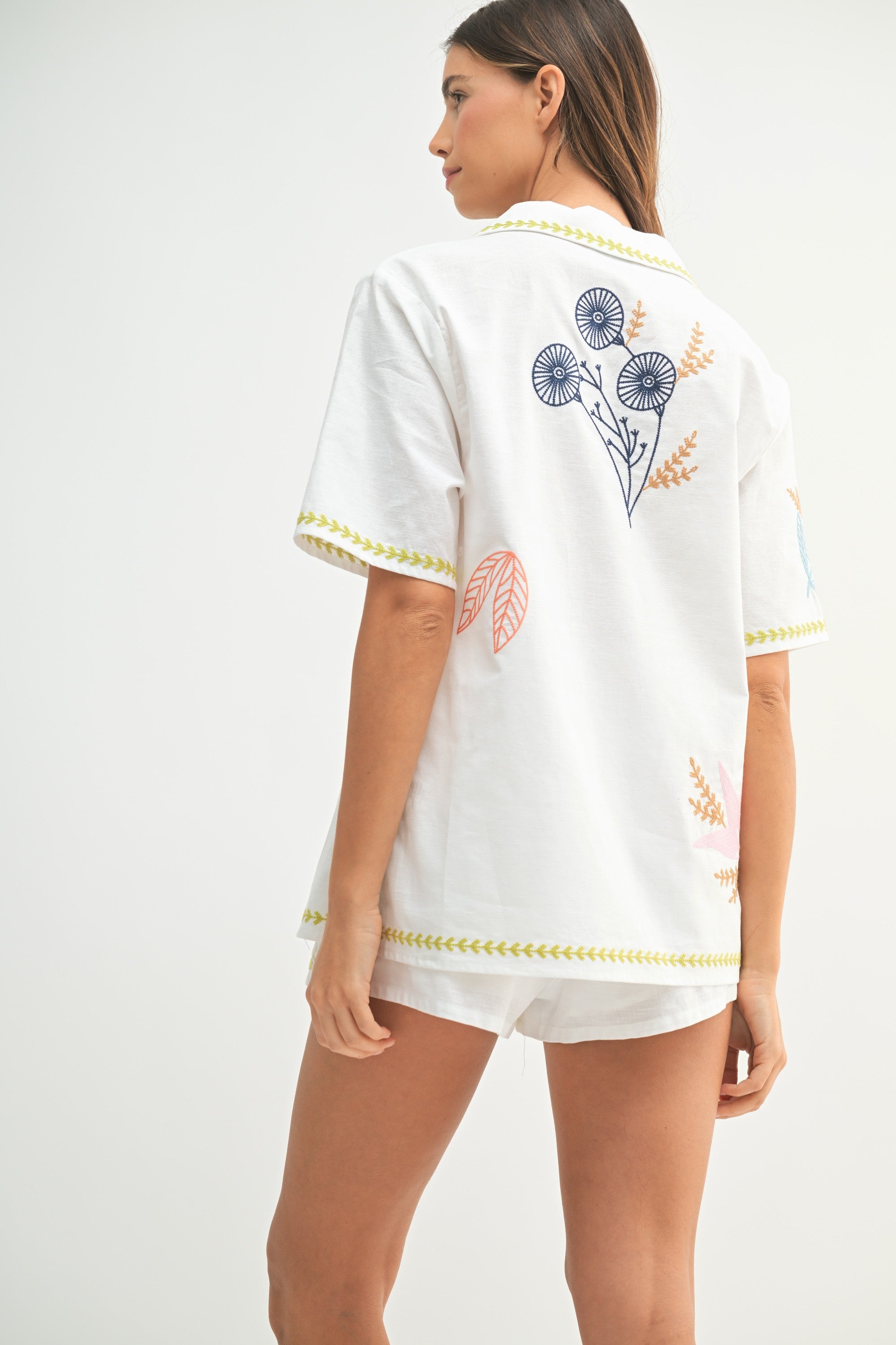 Embroidered Button Shirt Top & Shorts Set