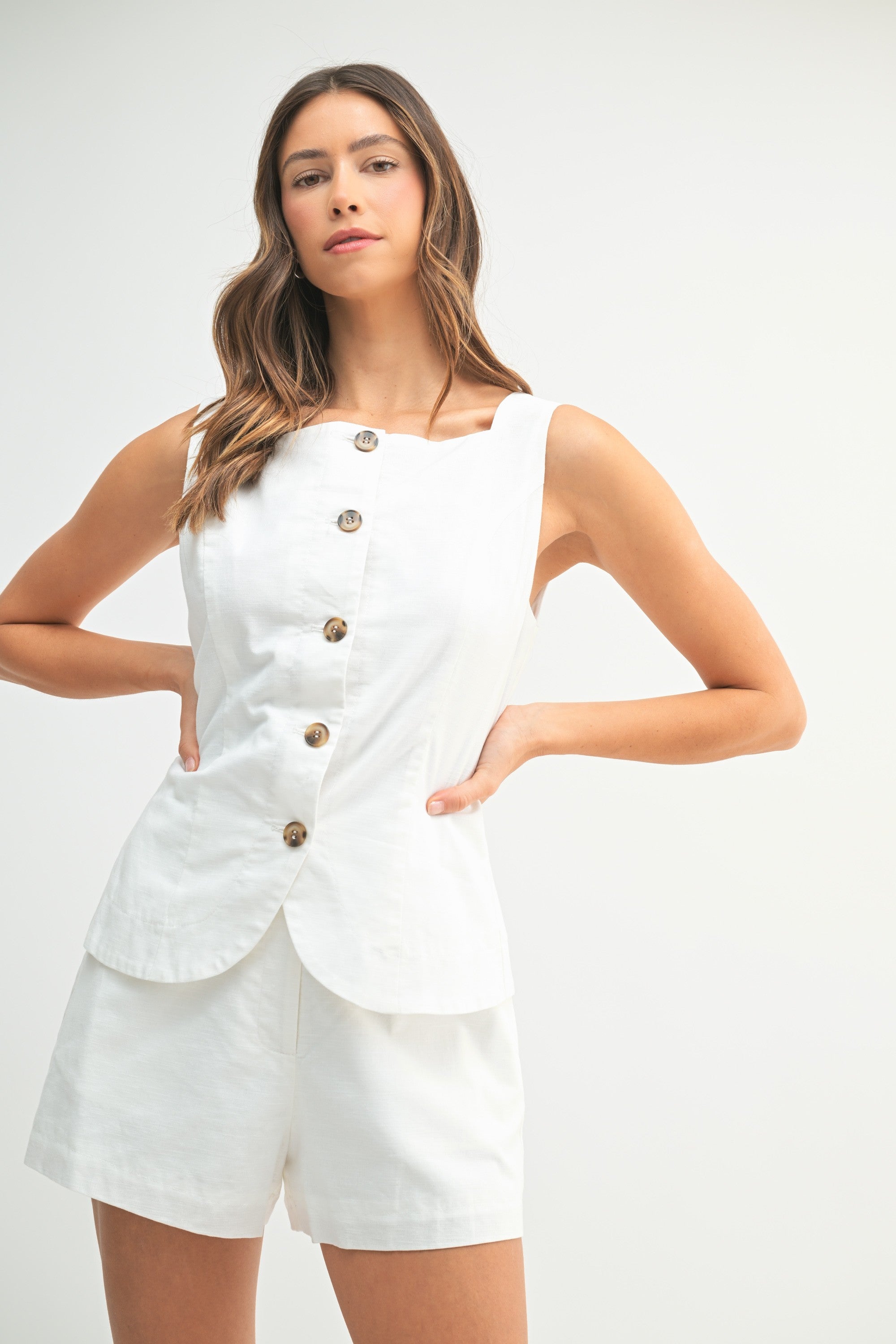 Off White Square Neck Linen Vest & Shorts Set