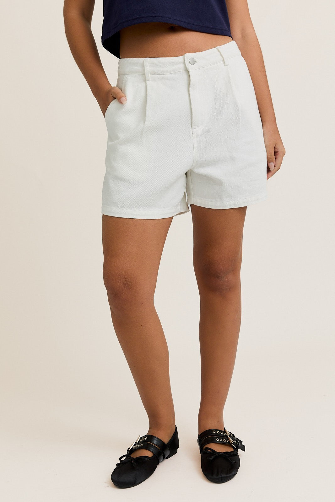 White Denim Pleated Denim Shorts