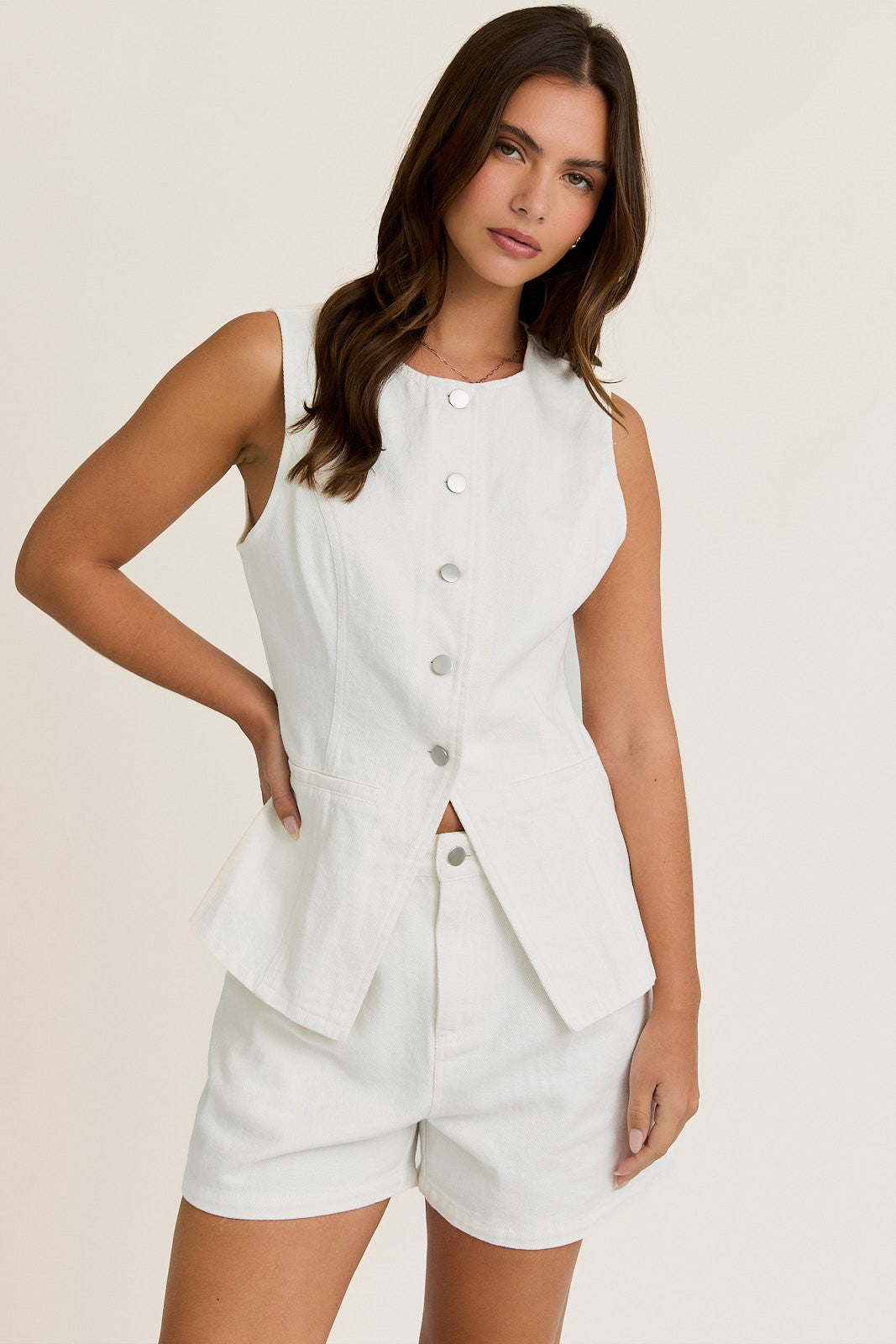 White Denim Button Front Sleeveless Denim Top