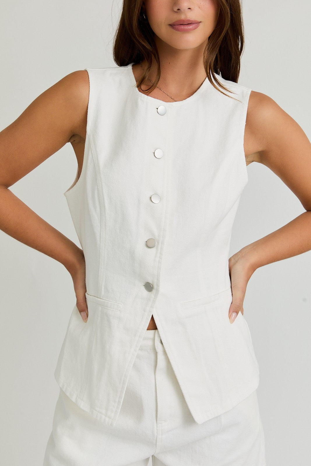 White Denim Button Front Sleeveless Denim Top