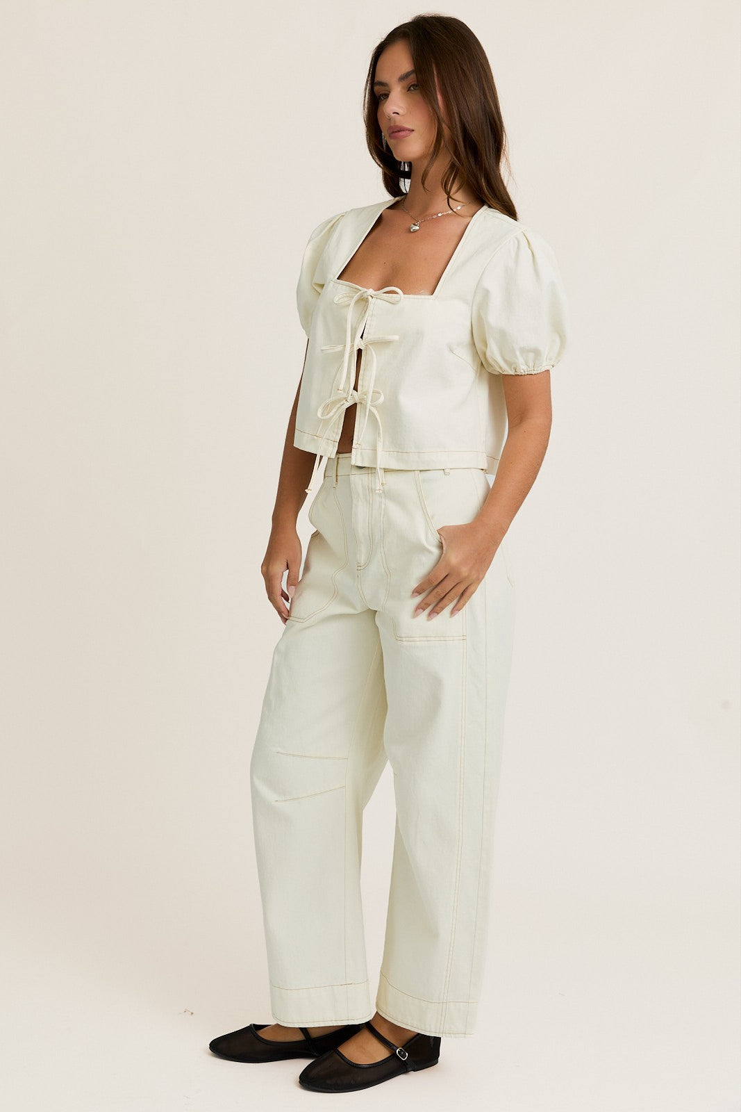 Square Neck Front Tie Top with Seam Detail Pants Set